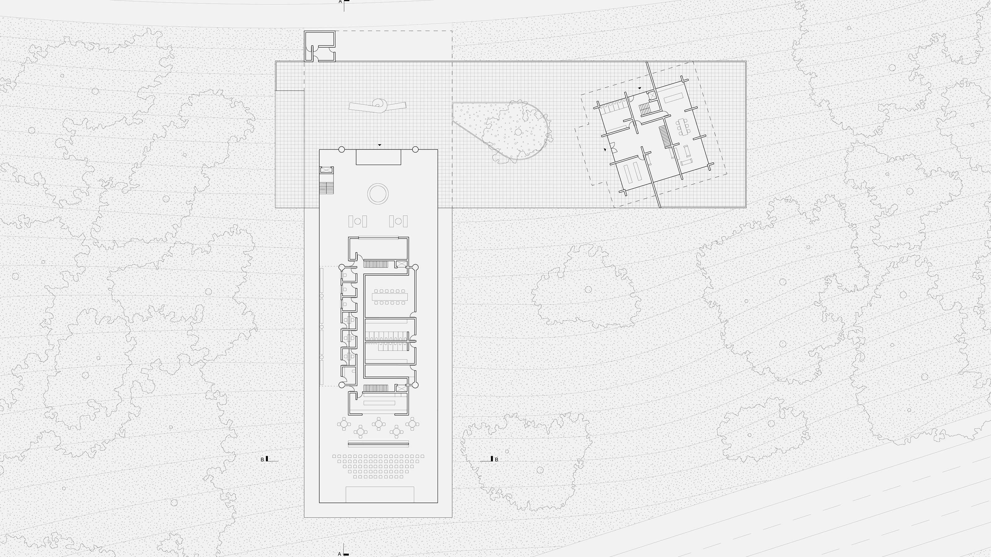 In the consulate building, public programs are arranged around a central administration and circulation core, with views outward. Meanwhile, the residence building is divided into a 9-square grid.