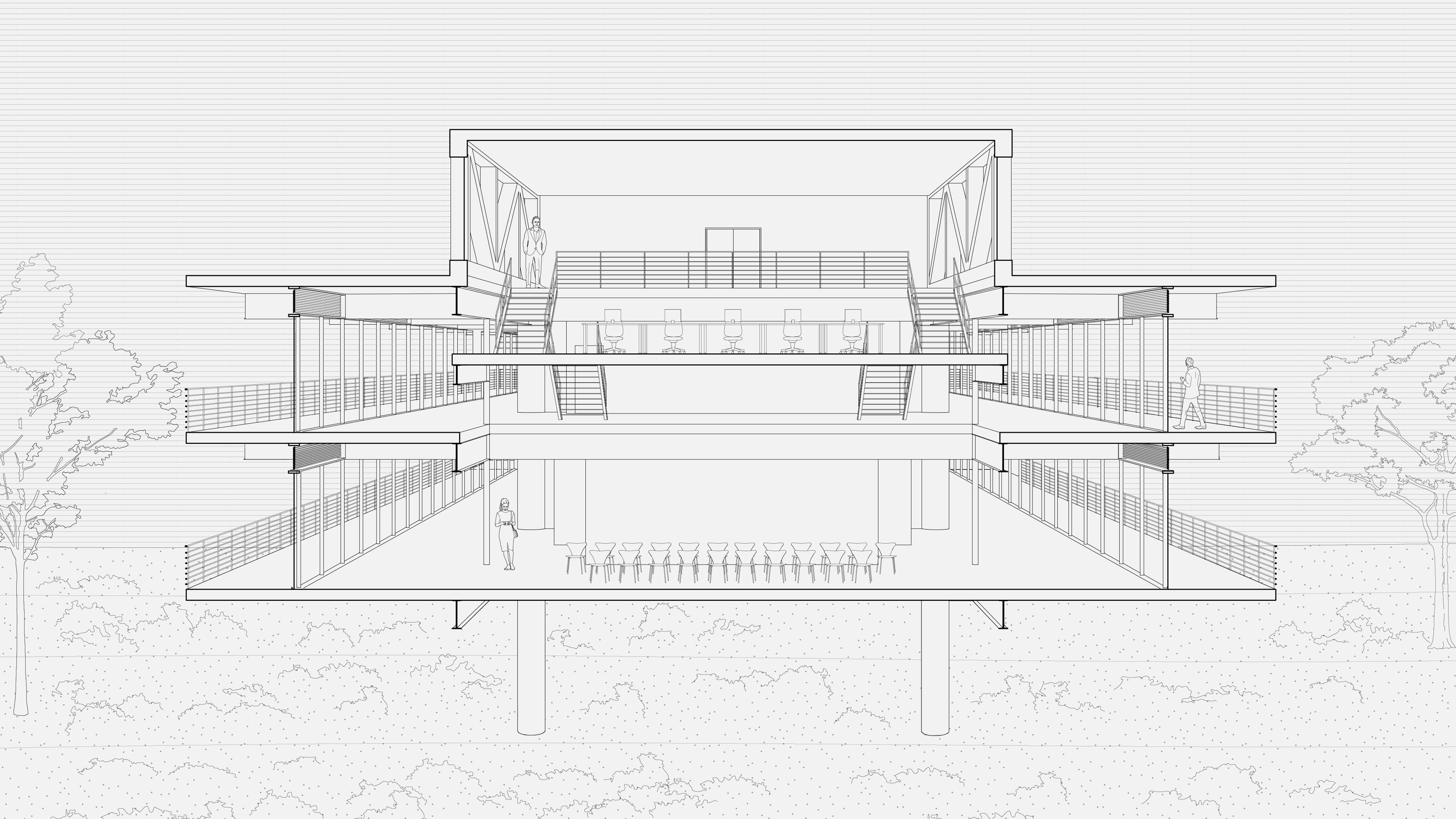 Consulate levels are divided according to function, security and organisational hierarchy. Split level division at the entrance and function hall change the scale and quality of internal space.