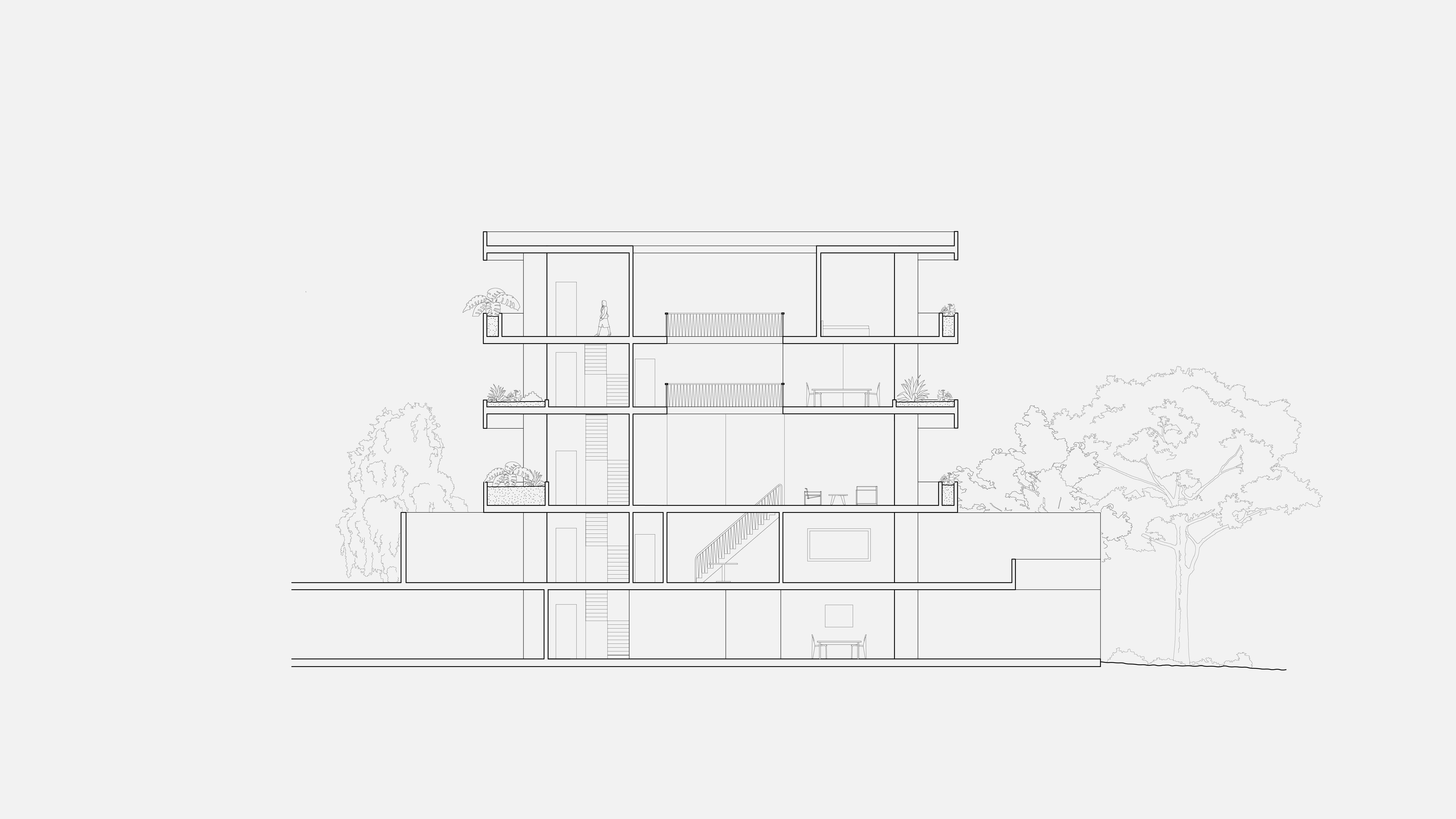 Internal heights in the residence vary according to function to create unique spatial qualities. An atrium connects each level and allows for natural lighting and ventilation within.