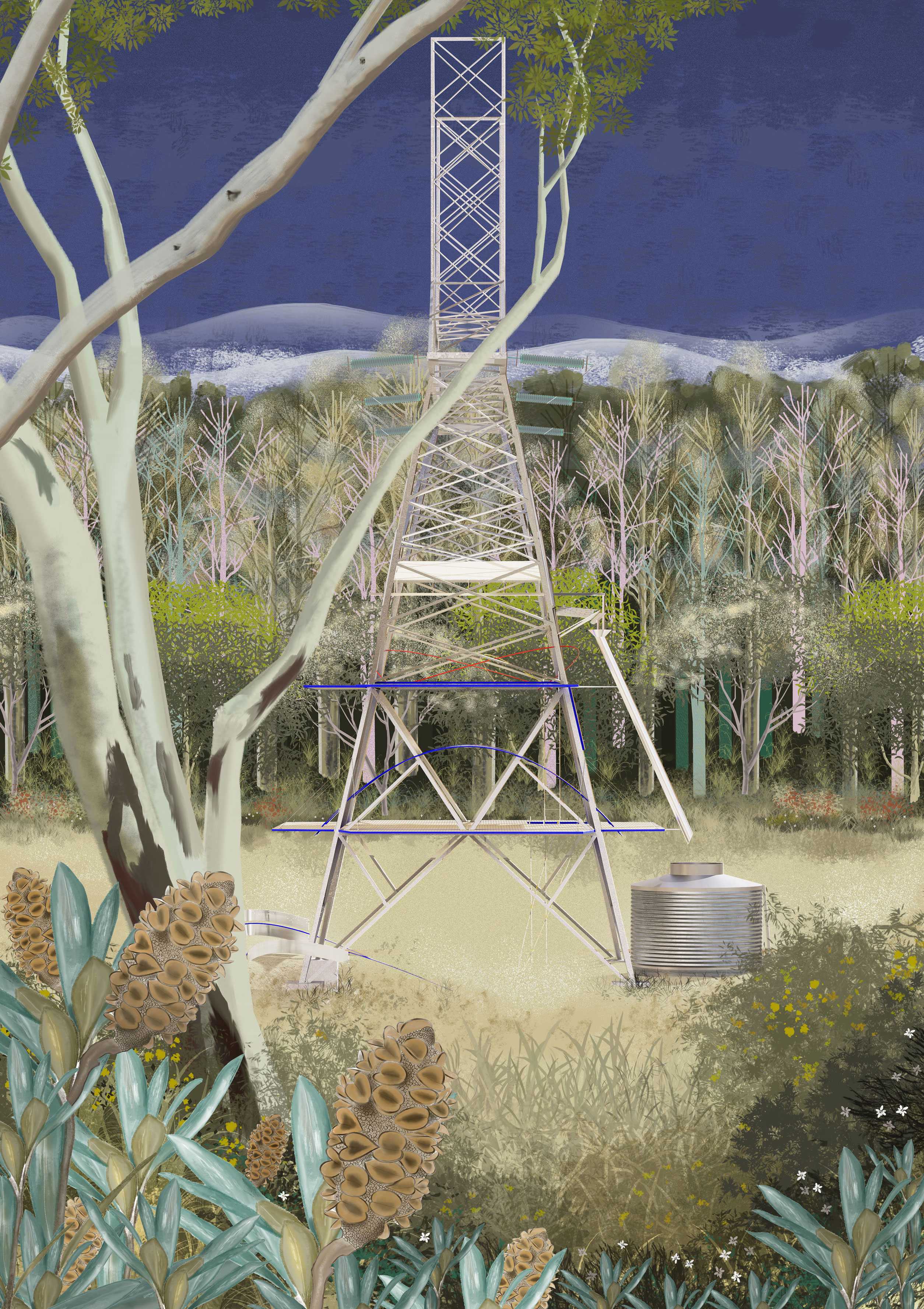 The renders depict non-human perspectives observing the transmission grid and integrated apparatus across seasons, revealing the Counter-Regime impacts Country. This shows a non human watching from hidden scrub for safety.