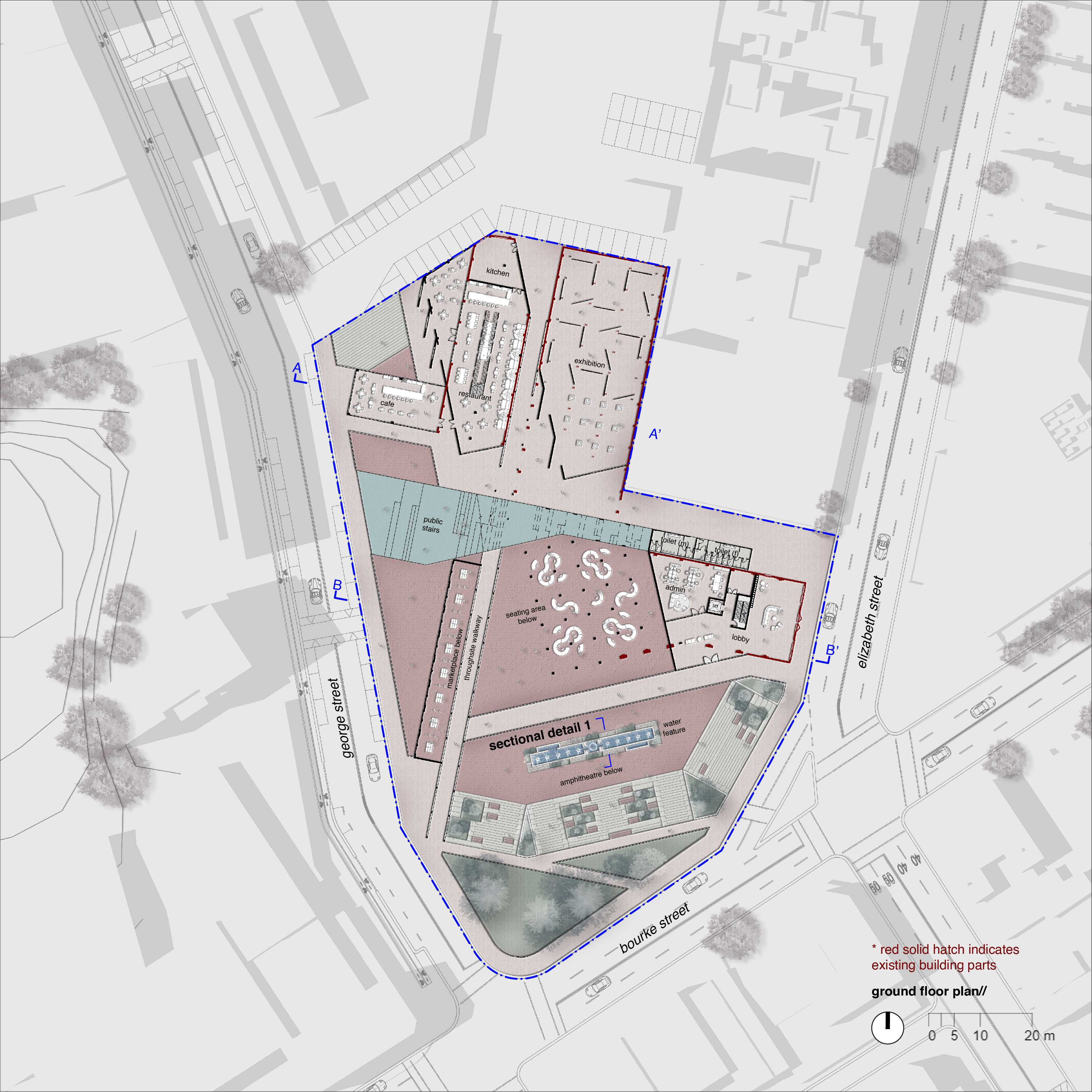 Shows layering of axes. Red solid hatch indicates existing building parts.