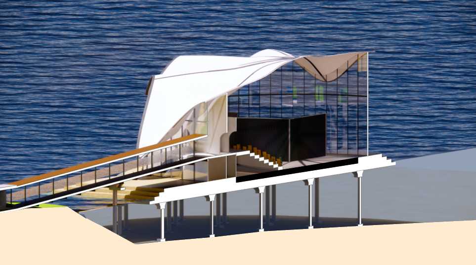 an axonometric view of my theatre in section, showing the construction of it 