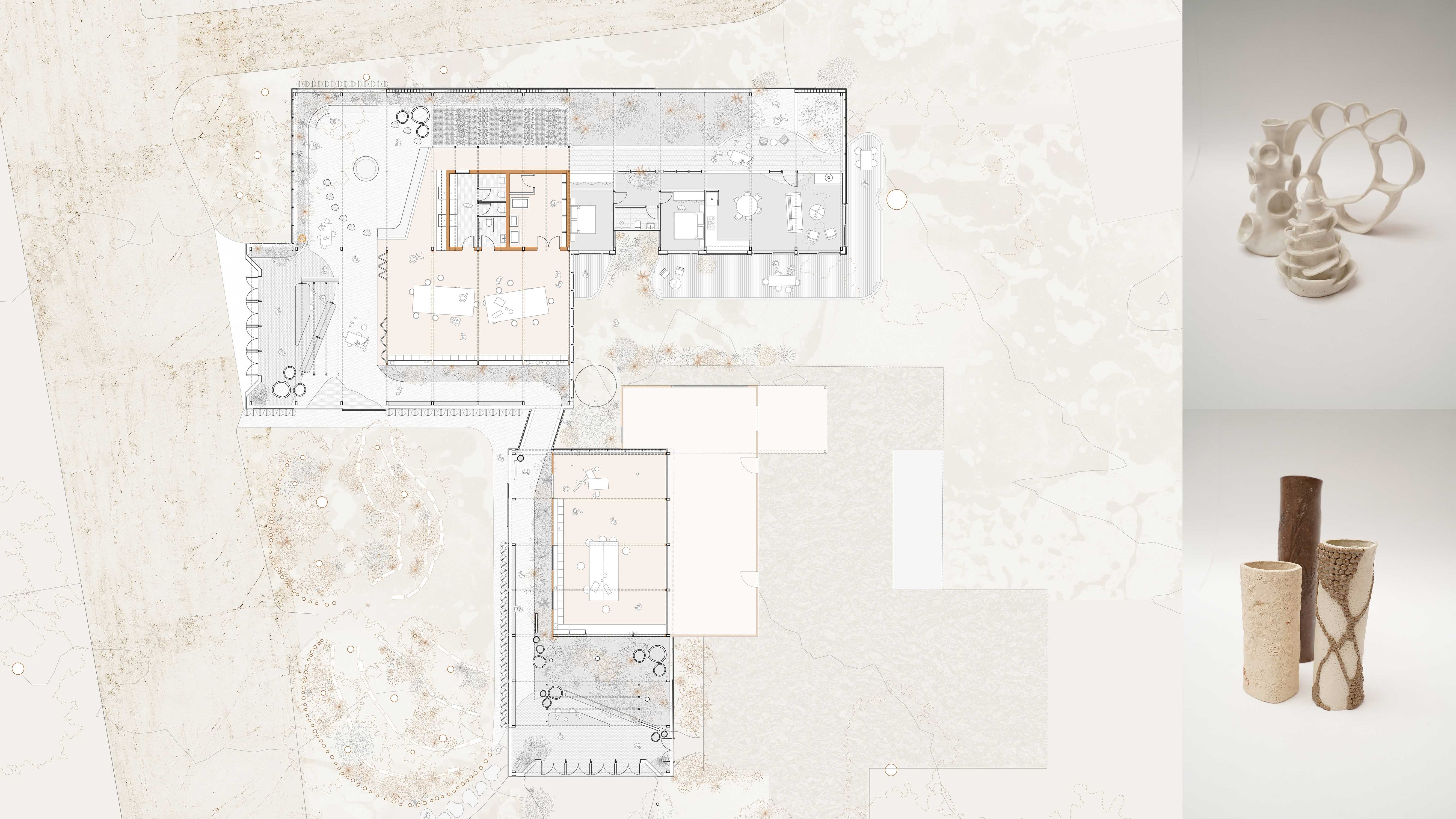 Plan - existing highlighted in ochre, proposed in greyscale & concept ceramic models - Abstract Weaves, Connecting Gadigal & Yuin Country