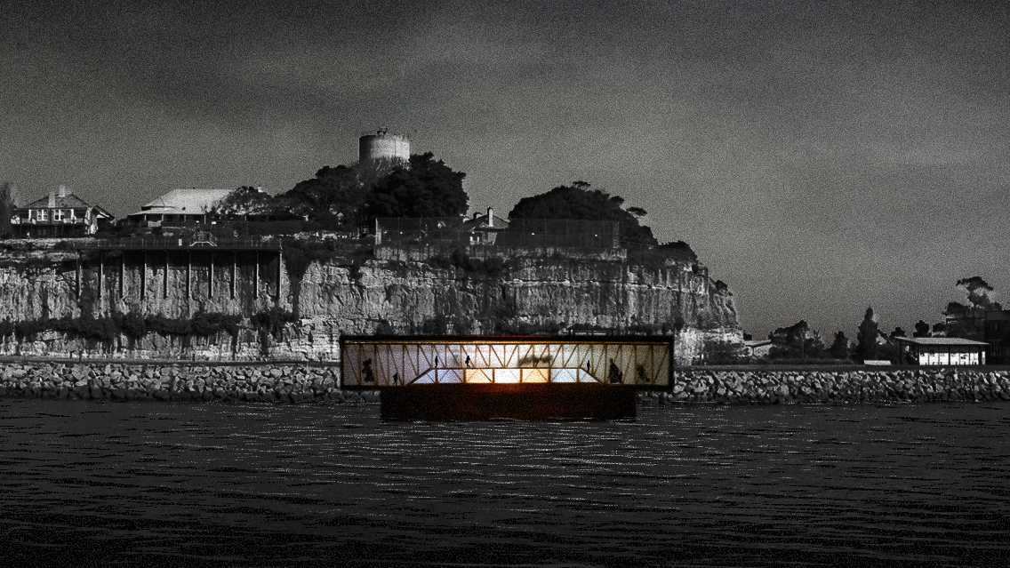 The back of the floating shadow theatre looking onto the plateau of Cockatoo Island.