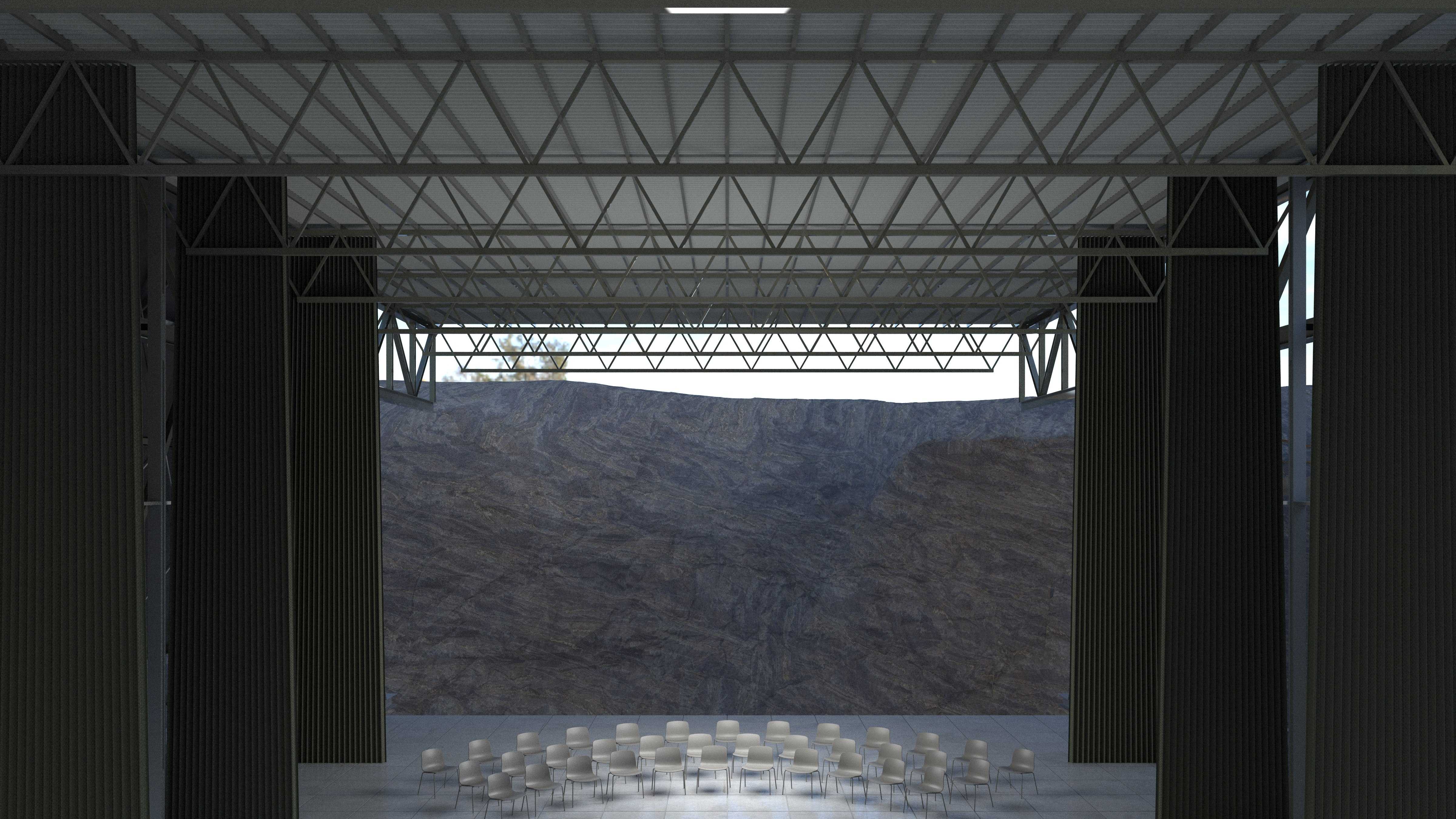 The theatre’s structural composition frames the stage back toward the land, honouring the natural cliff as a dramatic backdrop.