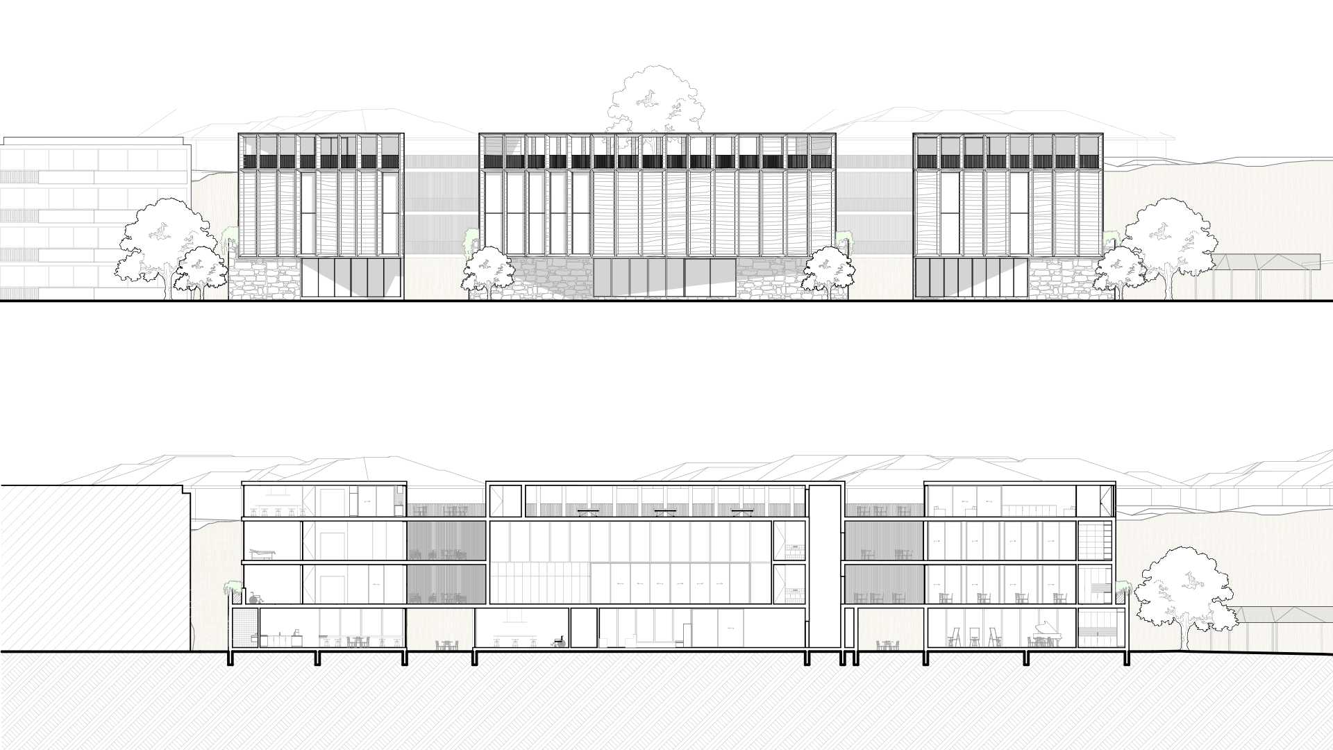 Intentful framing to highlight open green spaces and water views for the users inside. Conversely, the internal activities are intentfully framed for passing pedestrians creating moments of pause.