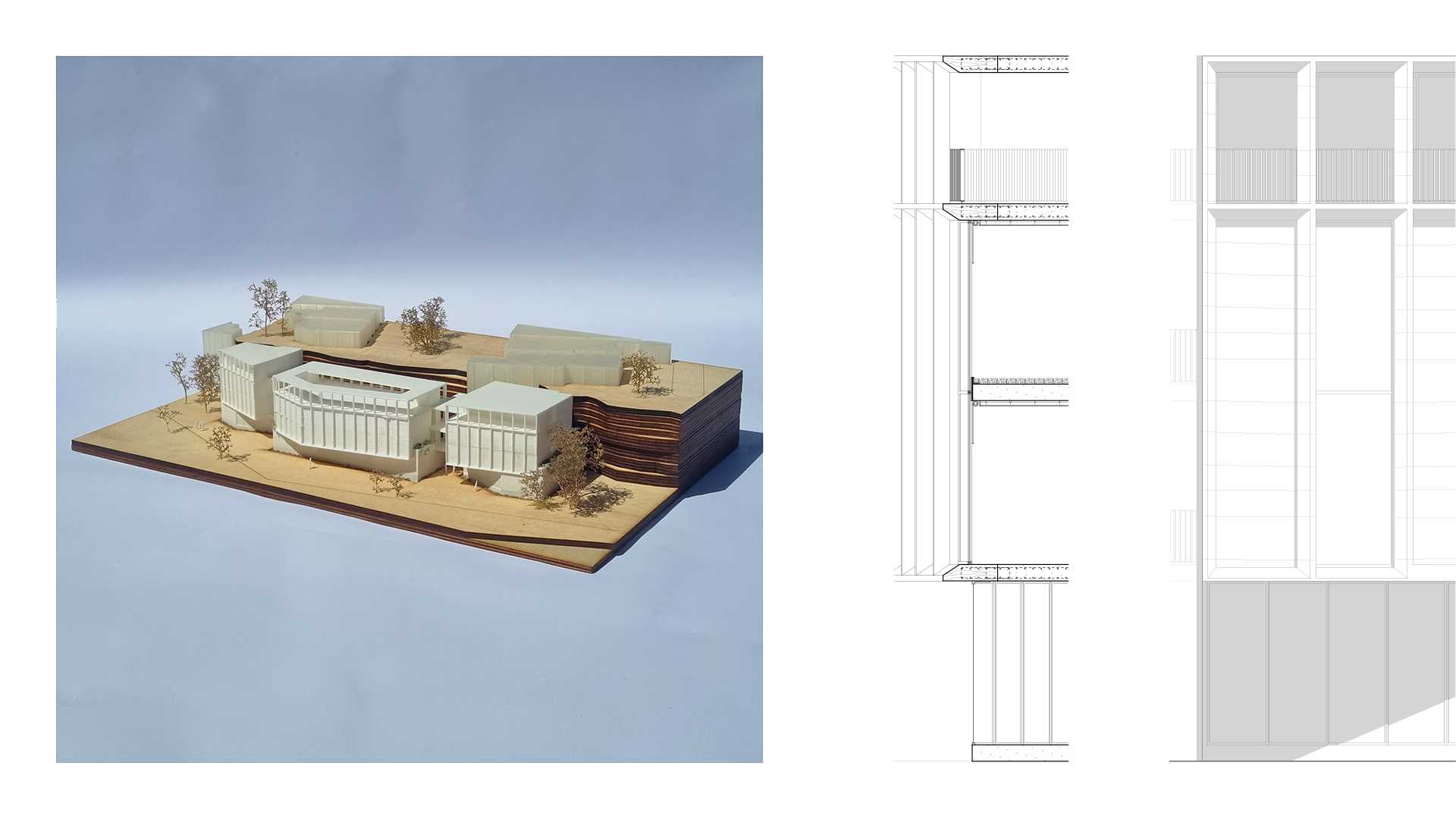 The building acts as an extension of the sandstone cliff through the similar aesthetics and formulation process of rammed earth. 