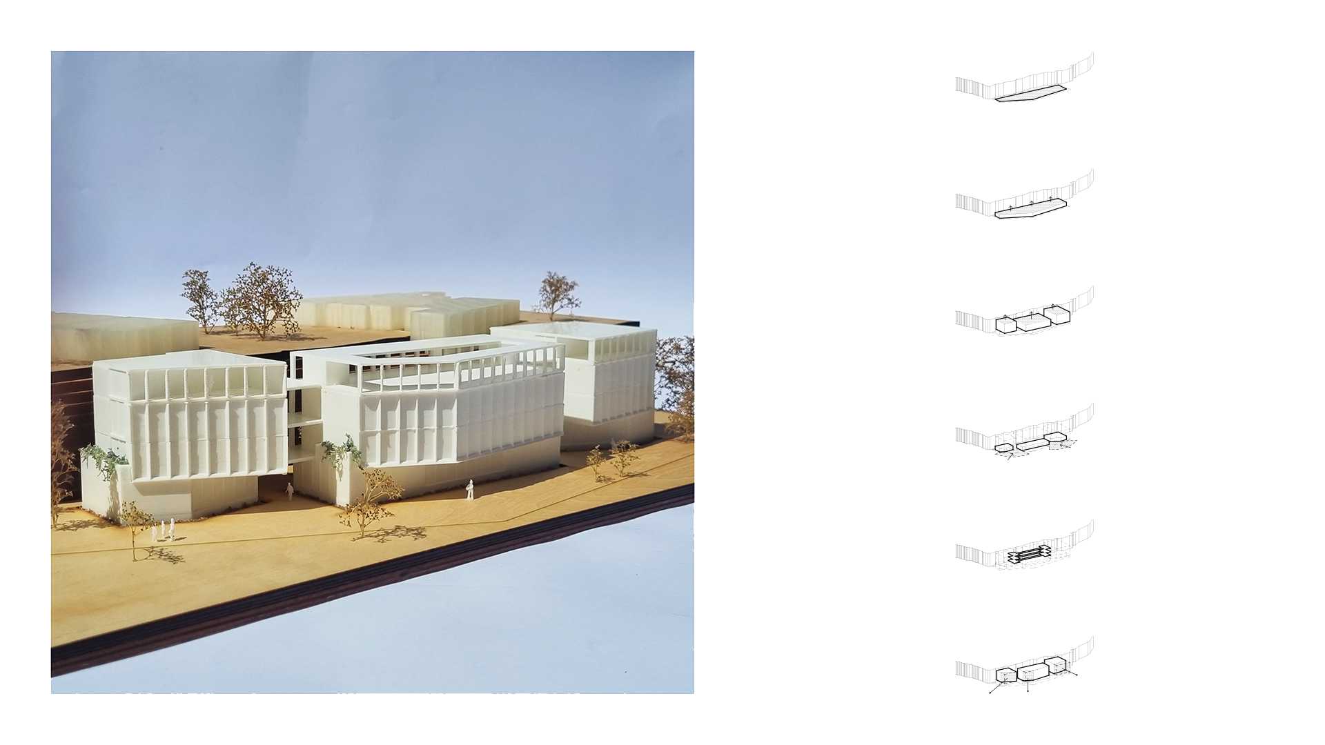 Site response for massing: setback, extrude ground floor communal, extrude headspace volumes, cut/splay/offset ground for community engagement, connect headspace volumes with external walkways and cut/rotate volumes to highlight site opportunities.