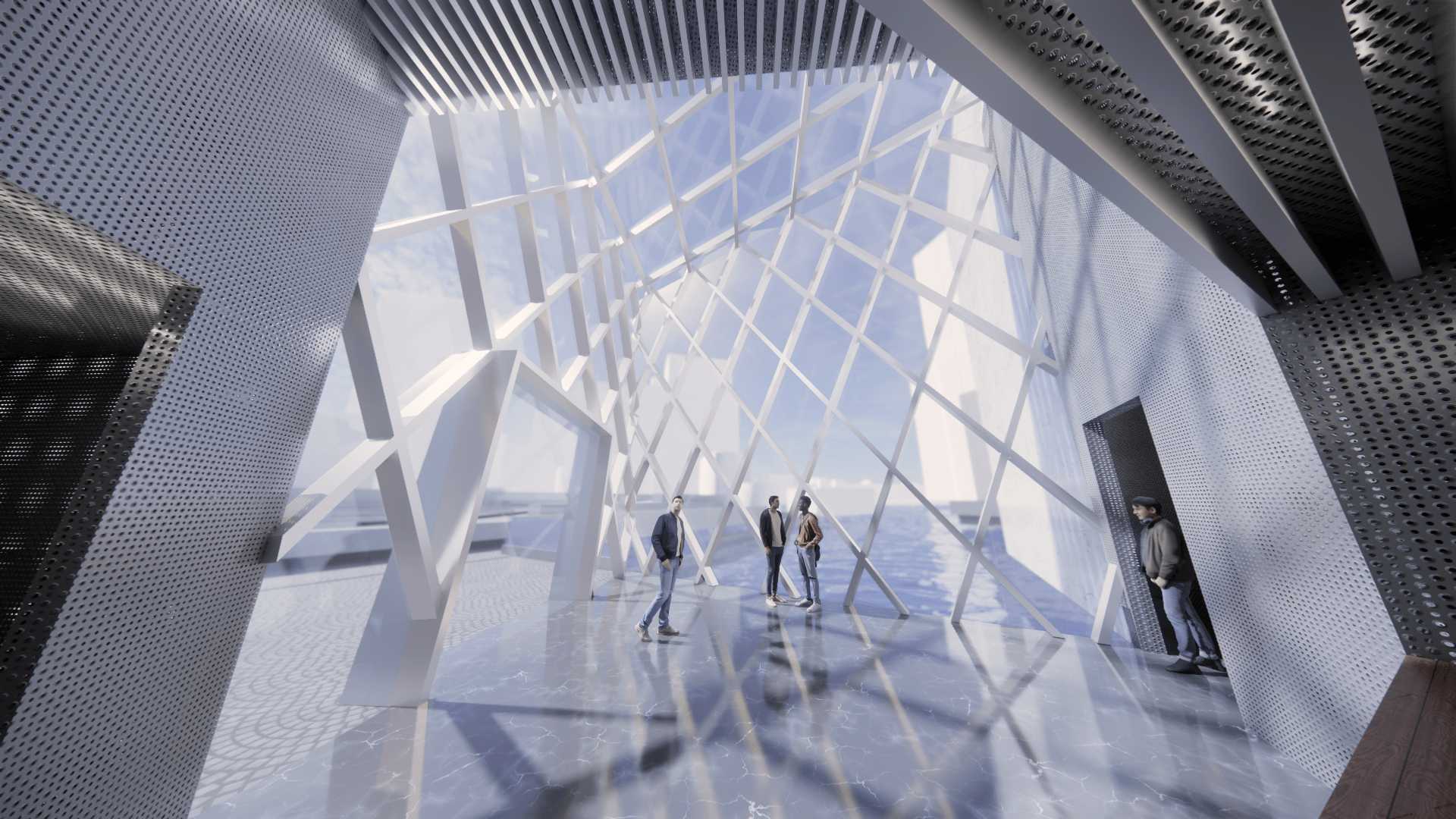 The atrium is open and transparent, contrasting the sharp external corners, while the perforated metal walls bring in the environment, echoing Pei’s exploration of solid and void, building and landscape. 