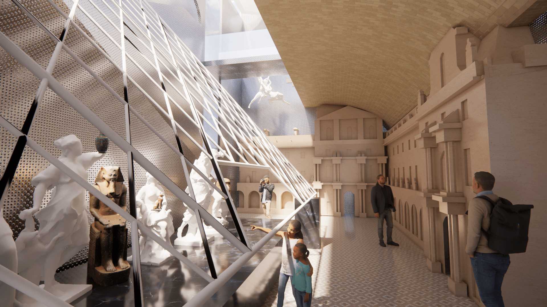 The exhibition features Louvre’s classical sandstone façade juxtaposed with Pei’s modernist pyramid, alongside a collection of statues from various historical periods and cultures, resonating across time, architectural styles and culture. 