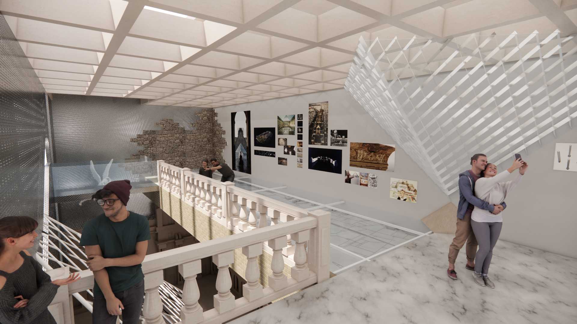 The boundary between exhibits and architecture is blurred, as the exhibits, as exhibits like balustrades and waffle ceilings are often given a functional or construction use in a playful manner.