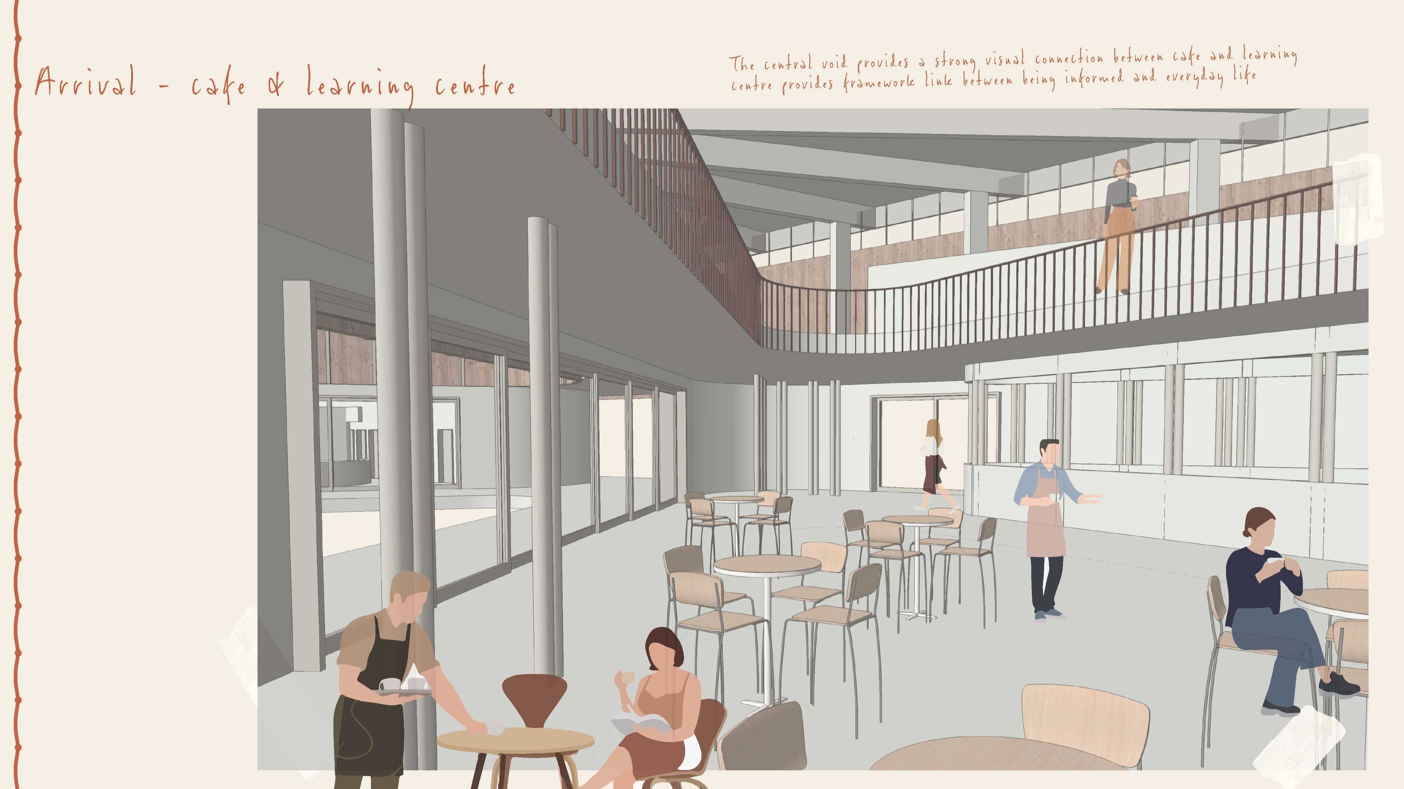 A cafe amidst the learning centre creates opportunites for community to engage with the educative spaces proposed.