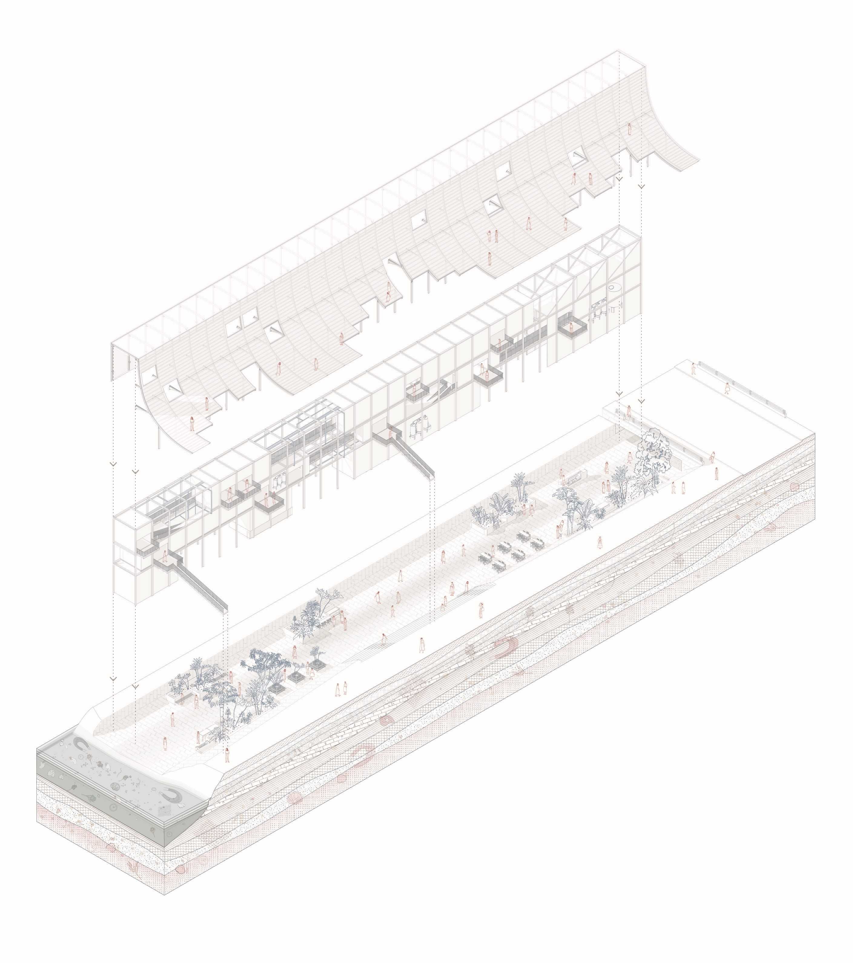 Altered site condition: attached urban surface to create public engagement, integration of water facilities into a long scaffold structure and cut into the embankment to offer more public space.


