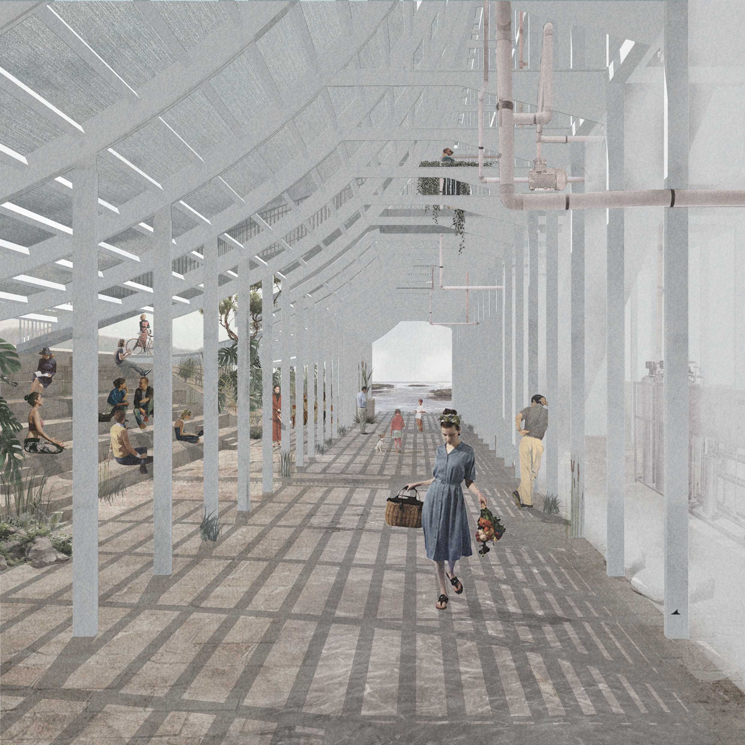 Interior view of the auditorium and public space, below the translucent concrete urban surface.