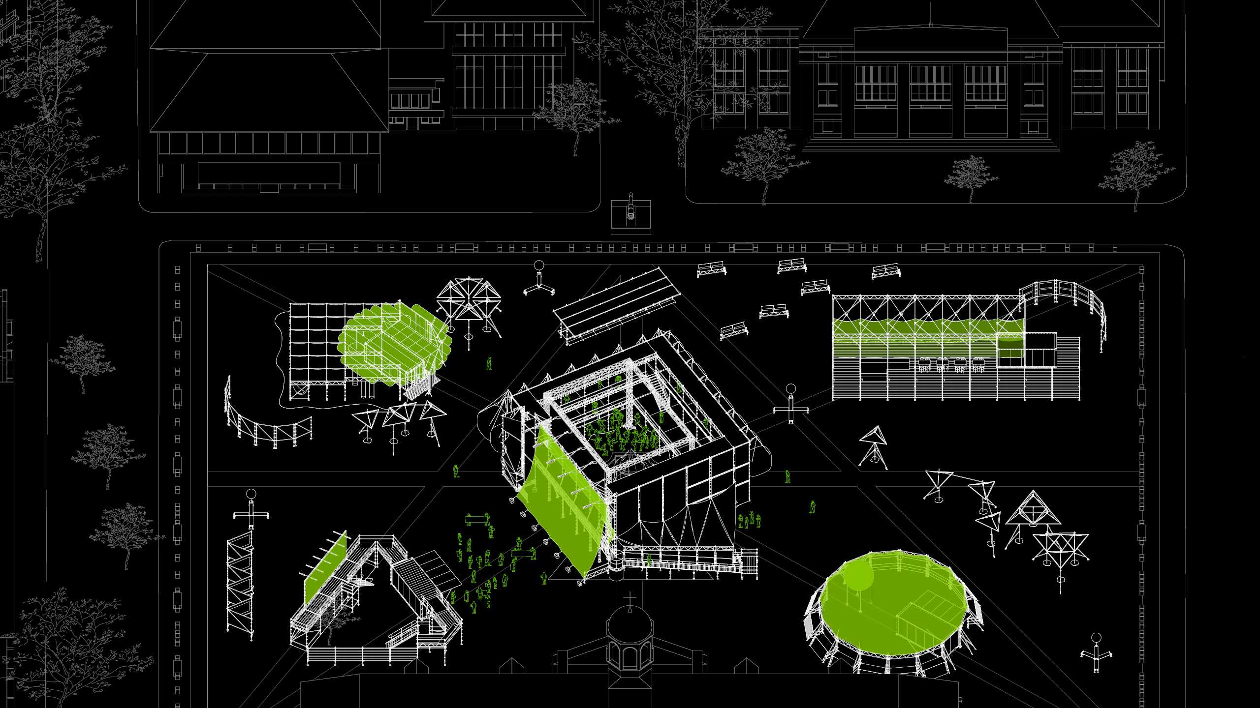 Nighttime axonometric drawing. A nightclub occupied by queer bodies stands as bald statement against discriminative norms in Indonesia. An enactment of thus resistance against queerphobic state power.