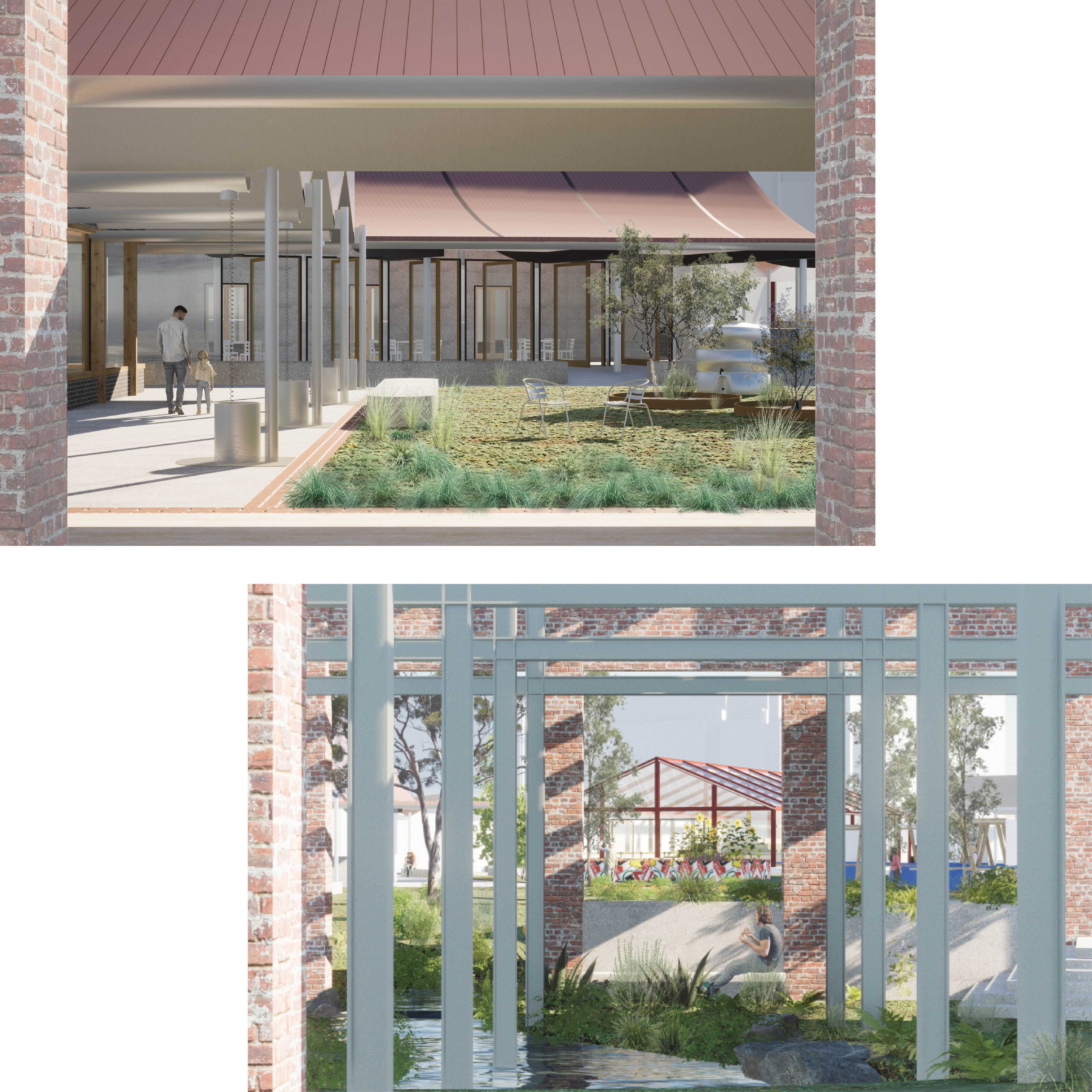 Perspectives of workshop courtyard and sunken garden.