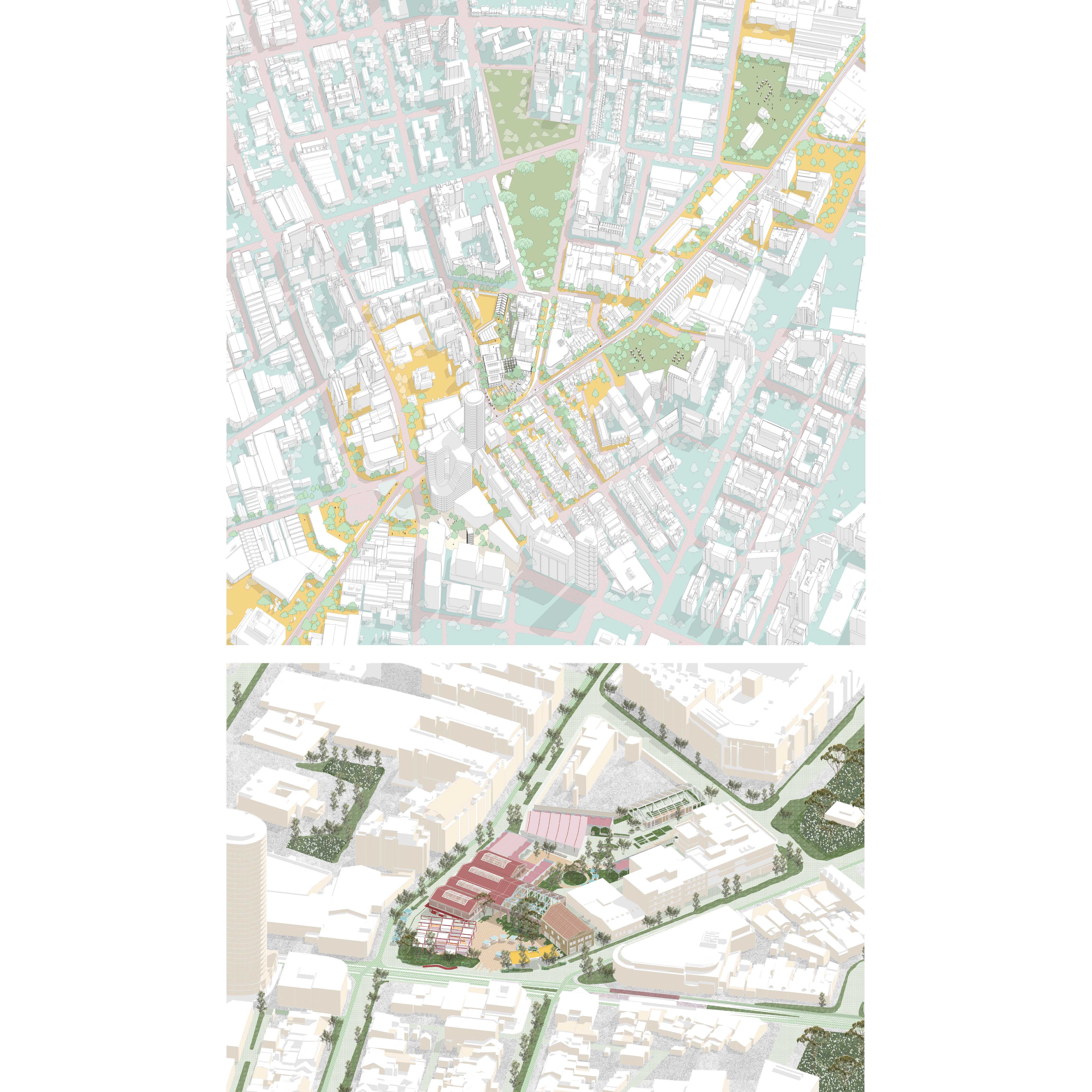 Axonometric of Urban Strategy and Final Diagram of Phased Development Approach.