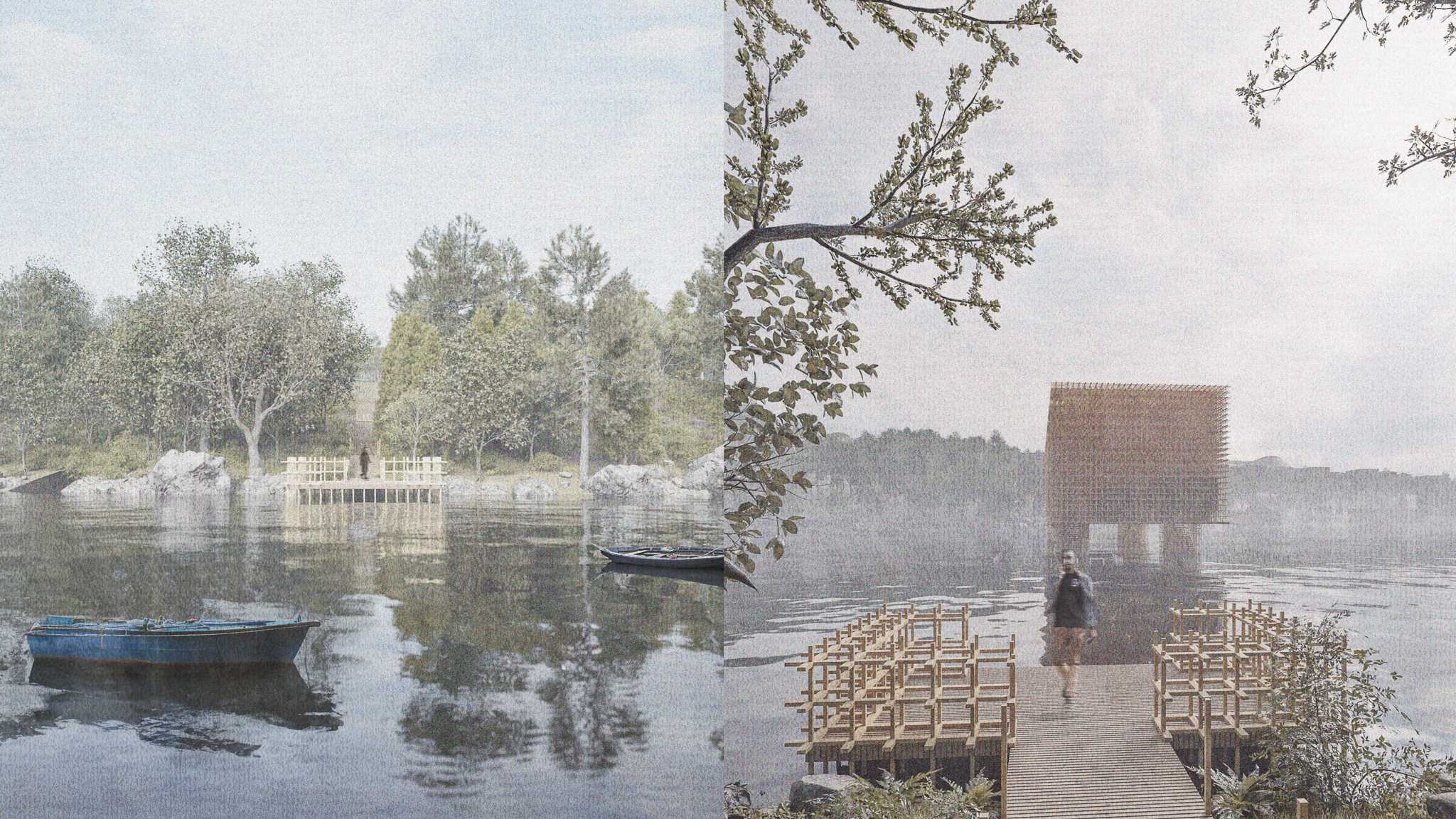 Exterior render of views from the Floating Theatre (left) and view from shore to theatre (right)