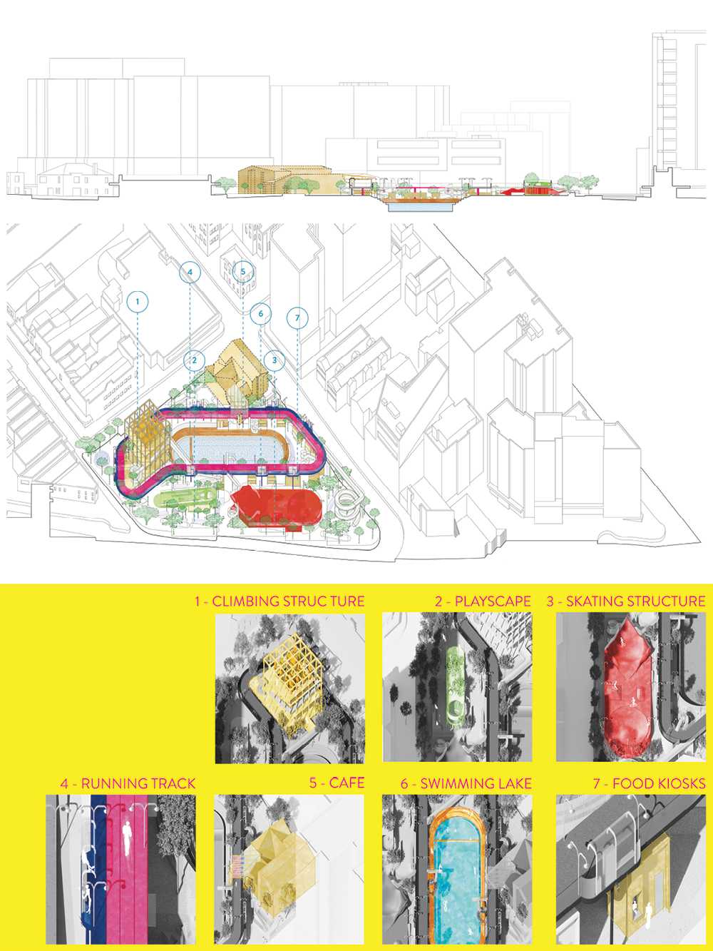 Top: Short Section
Bottom: Parallel Plan Projection along Northern boundary 