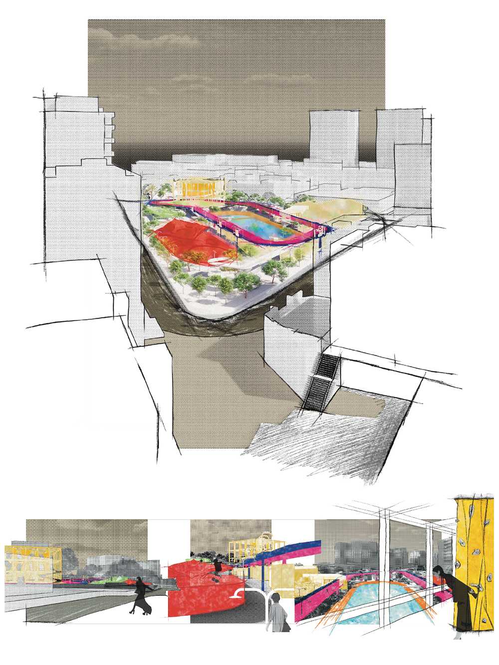 Persepctive Renders
Top: Bird's eye view projection from Auburn Central Plaza
Bottom Left: Park entrance point from North Eastern corner
Bottom Midde: View from Skating Structure towards North East
Bottom Right: View from Climbing Structure towards Auburn Central Plaza