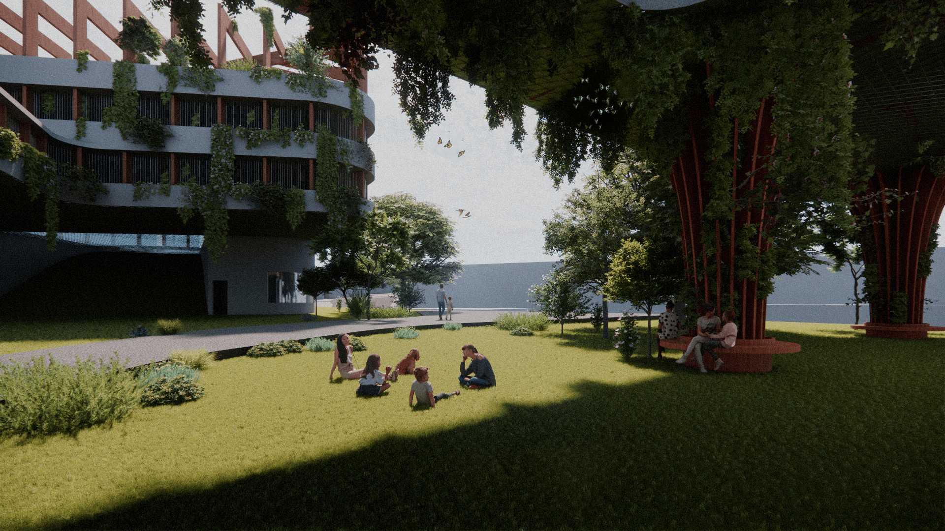 Under the edible canopy, community members gather in shared green spaces. This design fosters social connections and local food resilience, creating a lush, sustainable urban retreat for relaxation and collaboration.