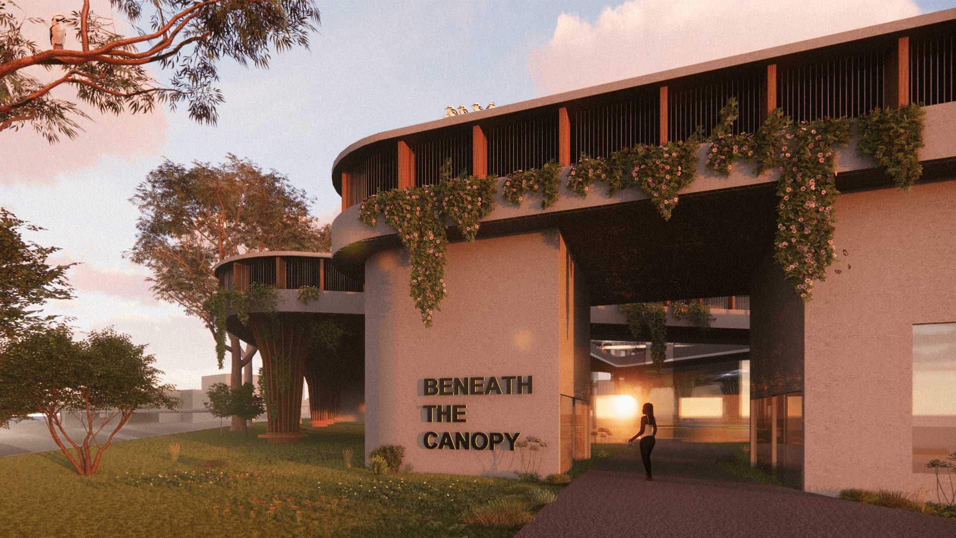 'Beneath the Canopy’ welcomes visitors with cascading greenery and soft, natural lighting. This sustainable design integrates native plantings, enhancing biodiversity and inviting the community into a peaceful, ecologically rich space