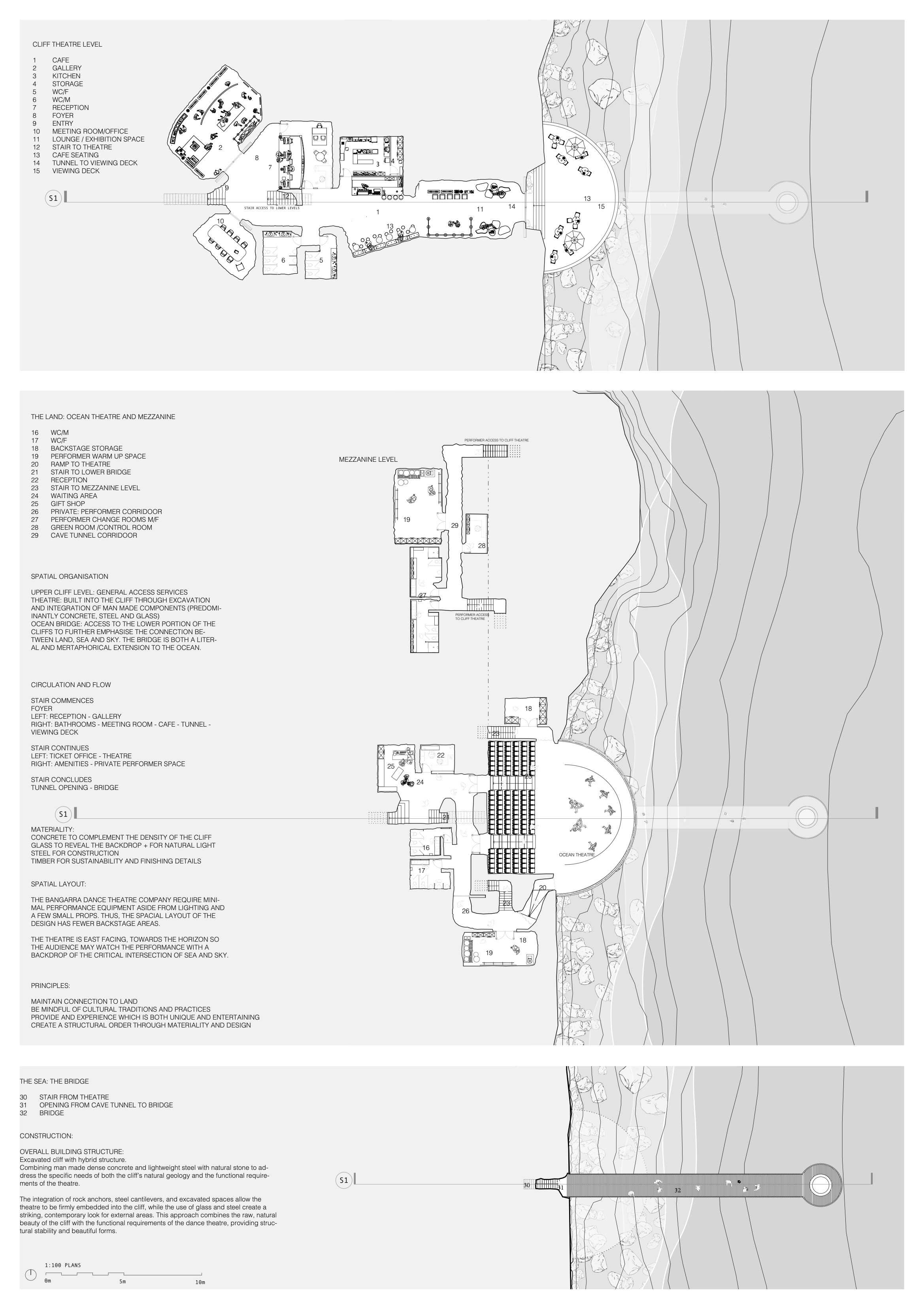 Horizon Theatre is composed of 3 parts: land, sea and sky, represented by the theatre and programs embedded into the cliff, the ocean bridge, and the stair, connecting all programs.