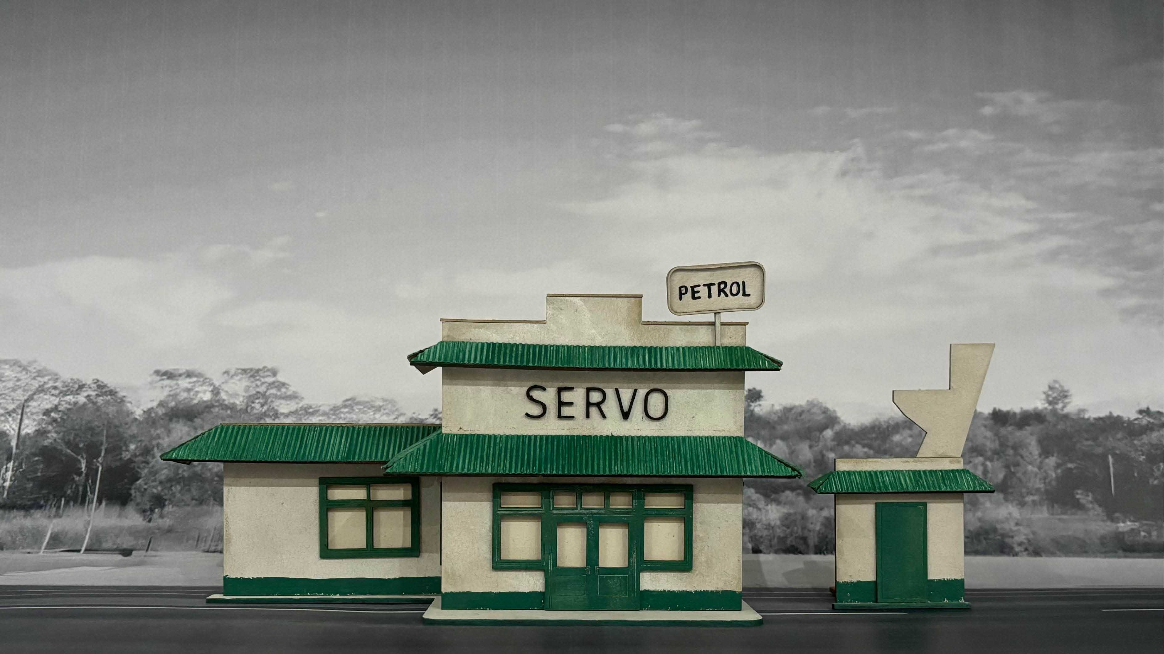 1:50 facade model of the Servo located at the third fictional rest stop of "The Highway Orcinus," located in Ulladulla, NSW.