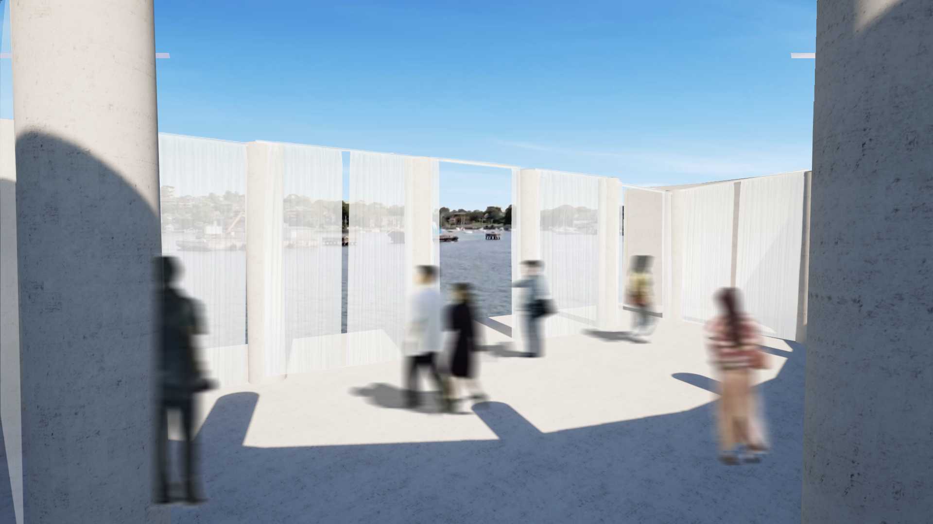 Theatre 3 Visualisation (Float) offers an immersive, water-influenced experience with a movable platform that responds to audience weight and tidal patterns, with views towards Snail Bay.