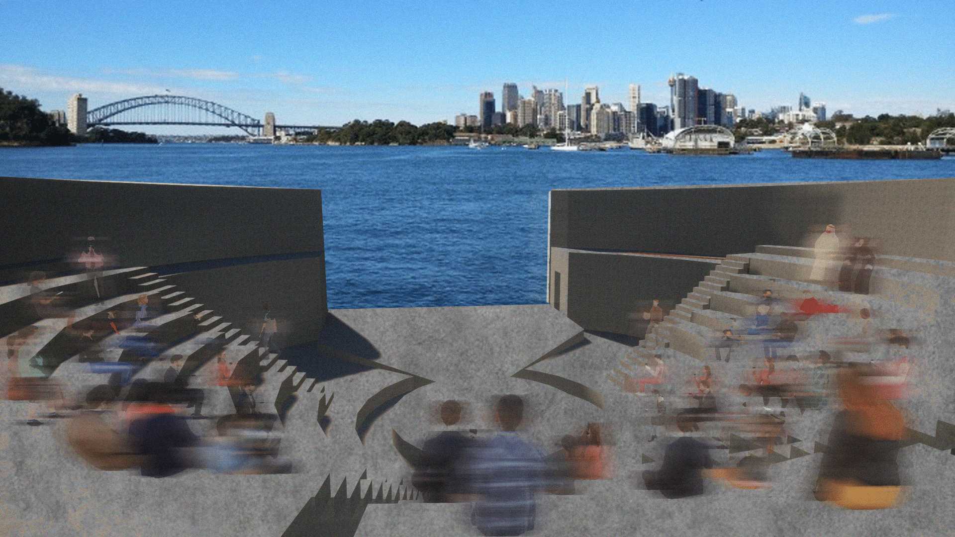 Theater 1 Visualisation (Flood): The largest of the three, Theater 1 faces Sydney Harbour. Tidal shifts bring water e onto the stage itself, which then drains back into the bay. 