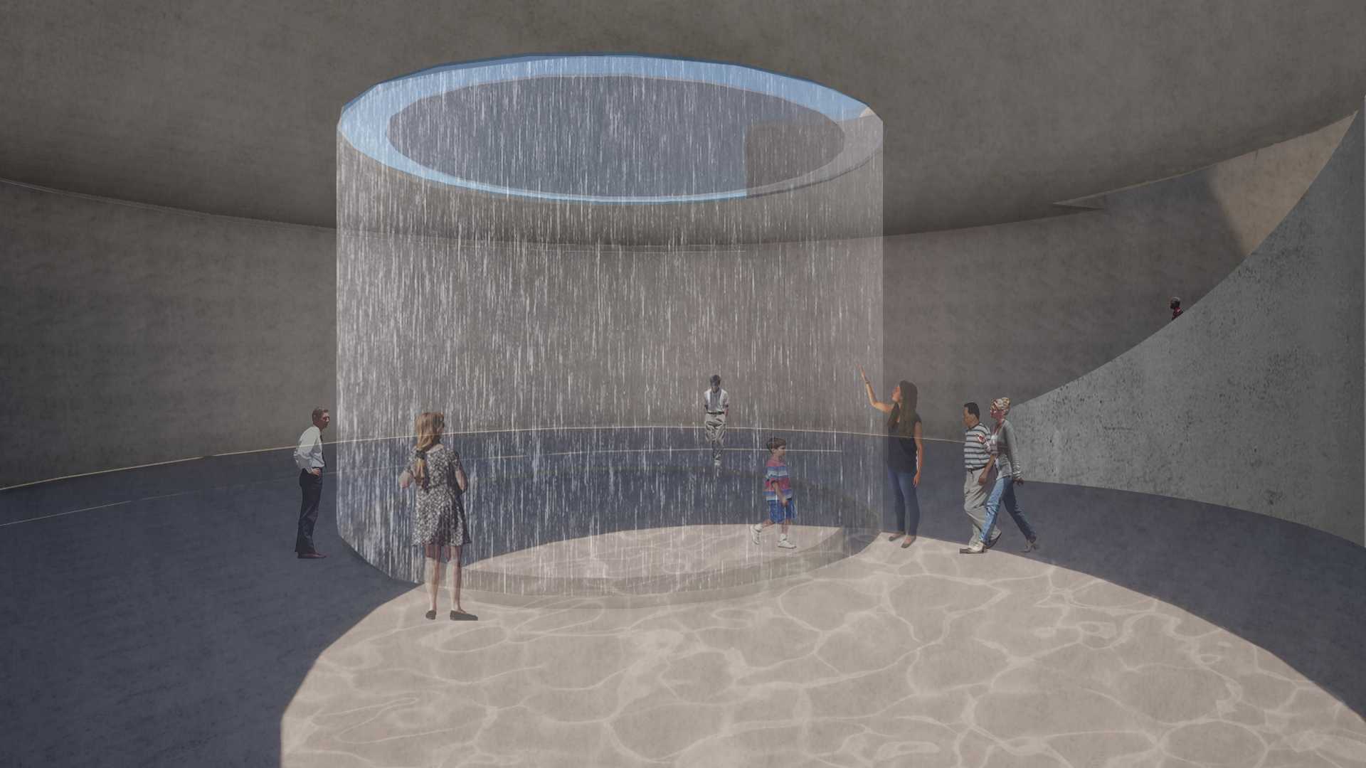 Theater 2 (Rain) collects rain and tidal water through its roof, creating a water curtain around the stage. Diacaustic projections occur through a glass center