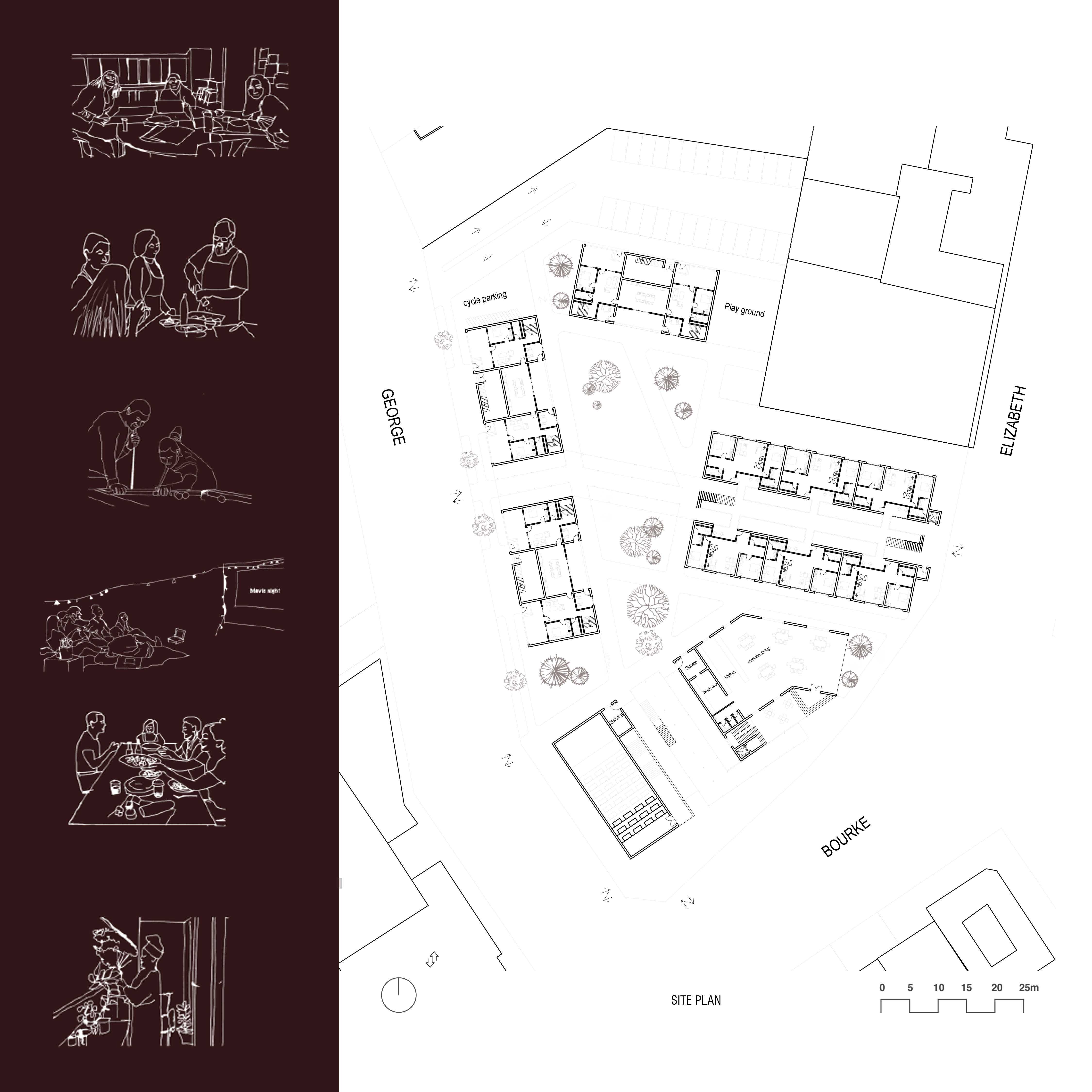 Served space heterotopia has initiated an interesting street space. There are 48 home stay housing and one cultural centre that includes community kitchen & dining, movie screening, workshop and multipurpose hall.