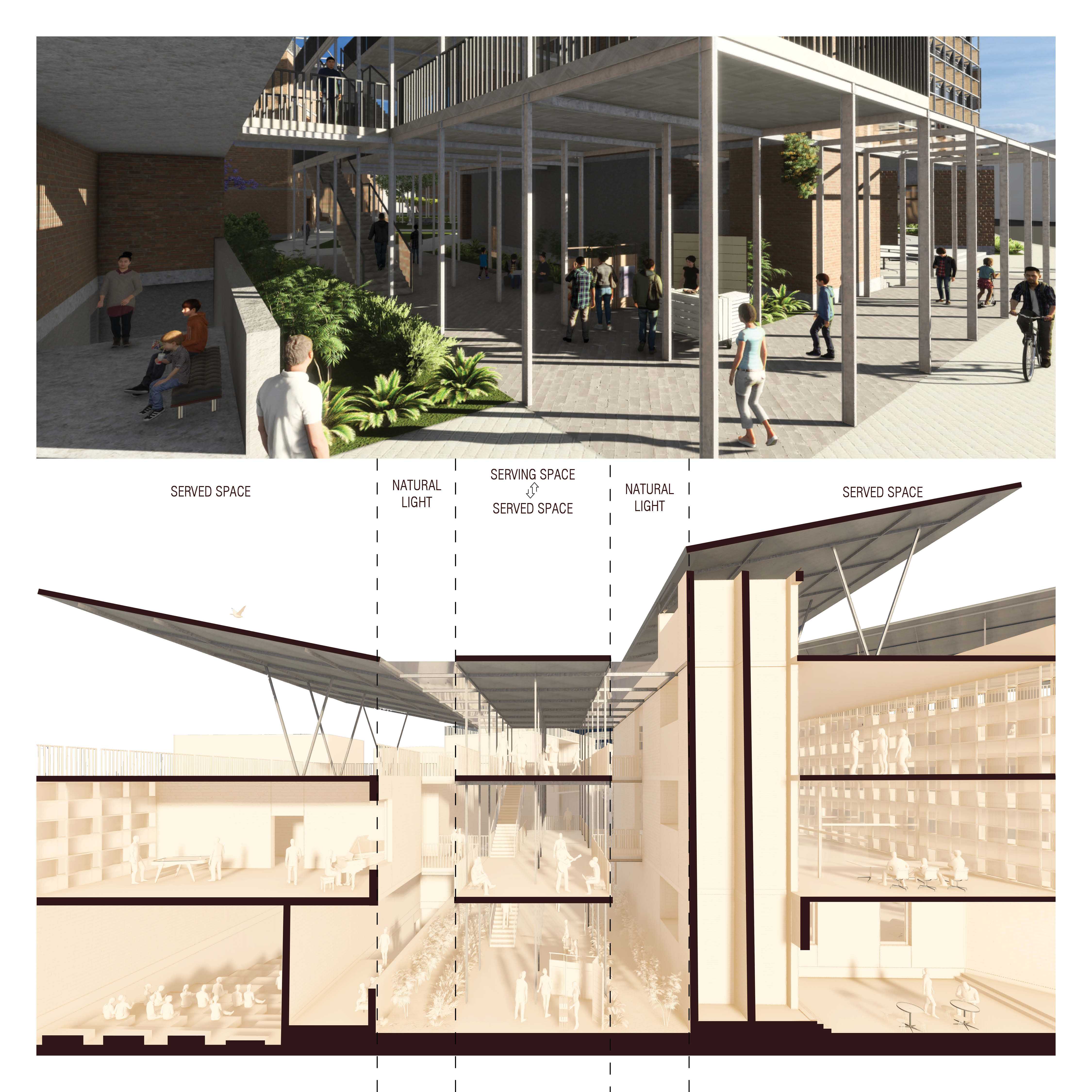 Serving spaces are oriented to the middle of served spaces to form new heterotopic served spaces.This served space of the cultural center has a flexible space for different activities.
