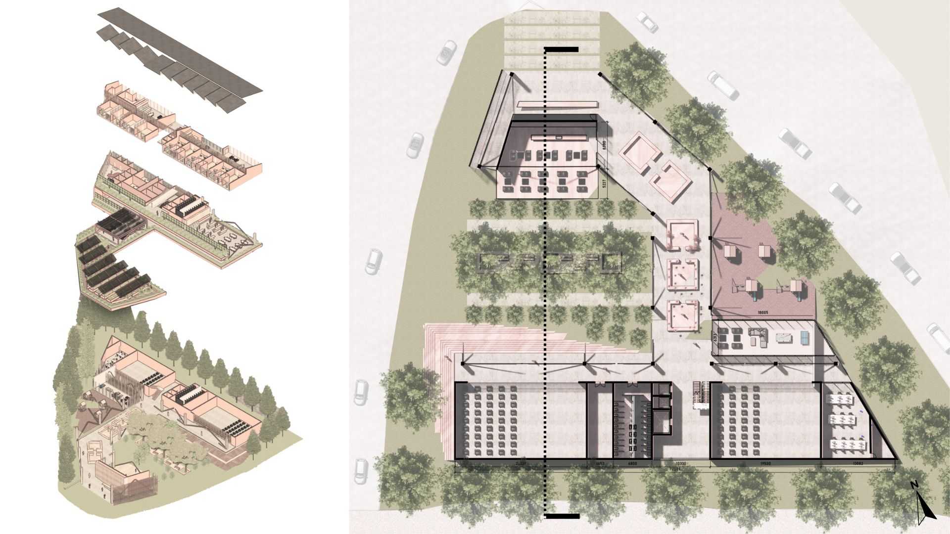 The exploded axonometric diagram and ground floor plan highlight the central farming spaces, optimized for efficiency, alongside a farmers market with selling pods to provide residents with income opportunities.