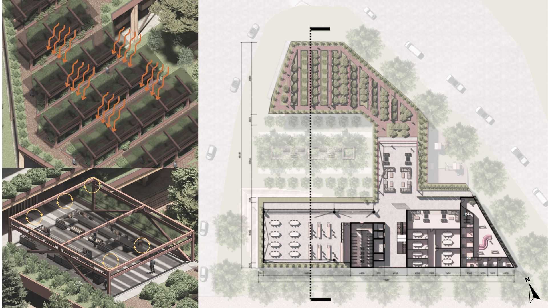 
Axonometric diagrams showcase photovoltaic glass panels that function as both shading and energy sources, with a communal kitchen and farm where residents can cook together to support the farmers market.