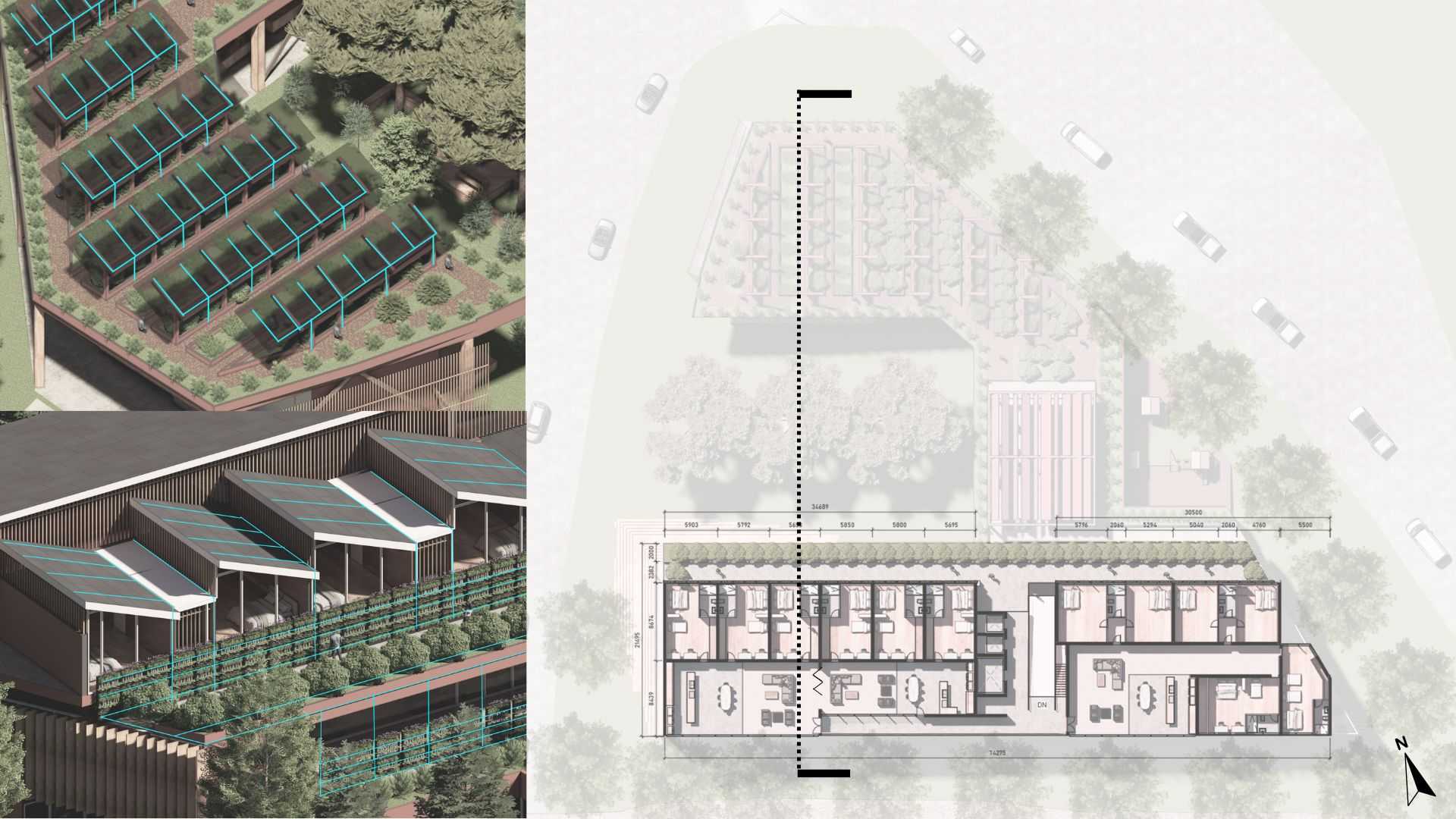 Axonometric diagrams highlight rainwater harvesting functionality for private residential vertical gardens and demonstrate how the sawtooth roof's dual openings on two faces maximize cross ventilation throughout the spaces.