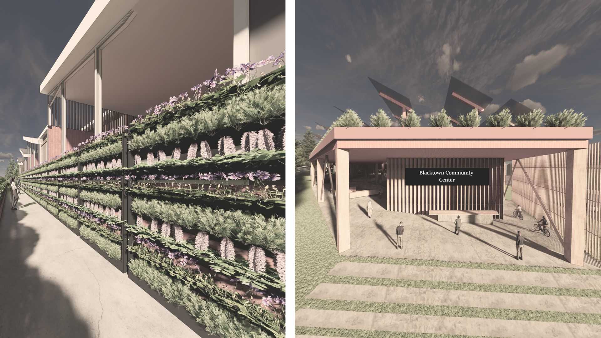 
Renders showcase close-ups of the private residential vertical gardens and the main entrance, designed to shield private spaces from public view, ensuring the public primarily sees the entrance and farmers market.