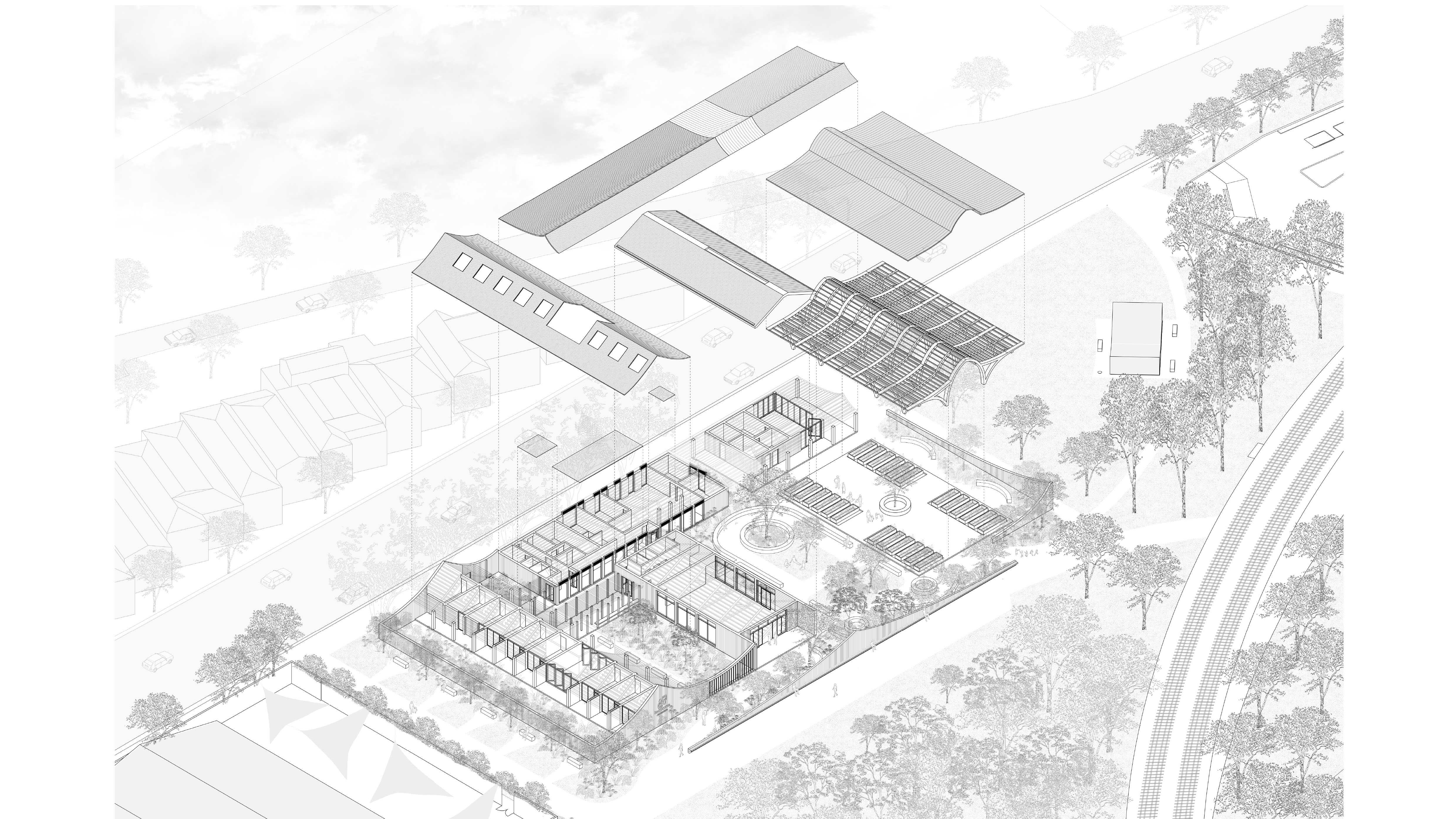 Crescent Youth Mental Health Centre and Sport Community Garden Axonometric Drawing