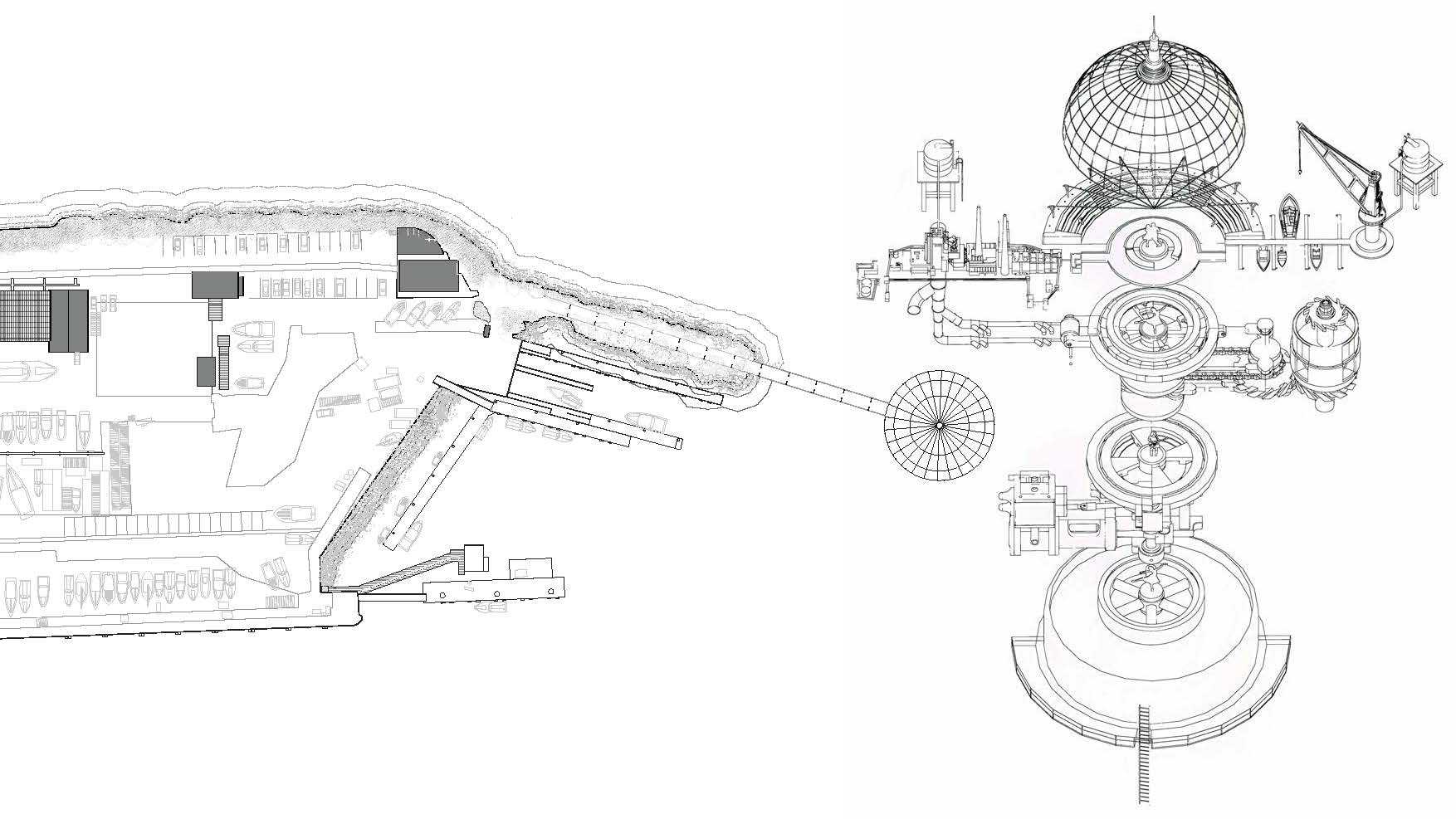 The site plan depicts White Bay's concrete theatre, mirroring ship decks and industrial wrecks. A long deck motif guides audience entry, while a conceptual collage explores mechanization of the site.