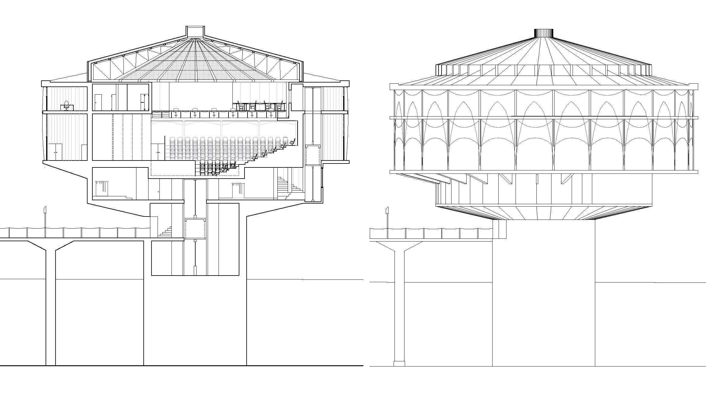 The section and elevation of Saltpire showcase a mesh façade that elegantly echoes the sails of the harbor's vessels, enhancing the building's aesthetic while paying homage to its maritime context.