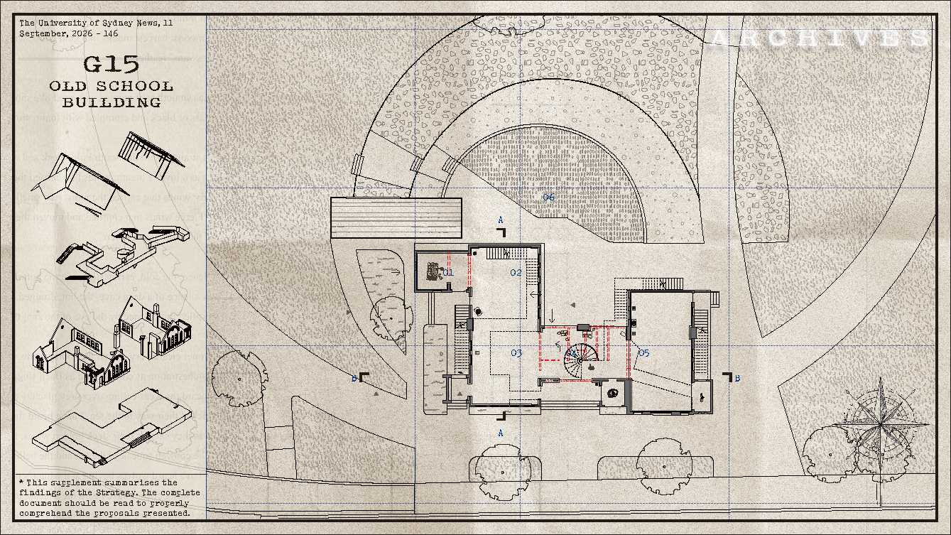 Reimagined as an archival file being reviewed in the future, the floor plan of (G15)The Old School Building being recoded explores the boundaries of time.