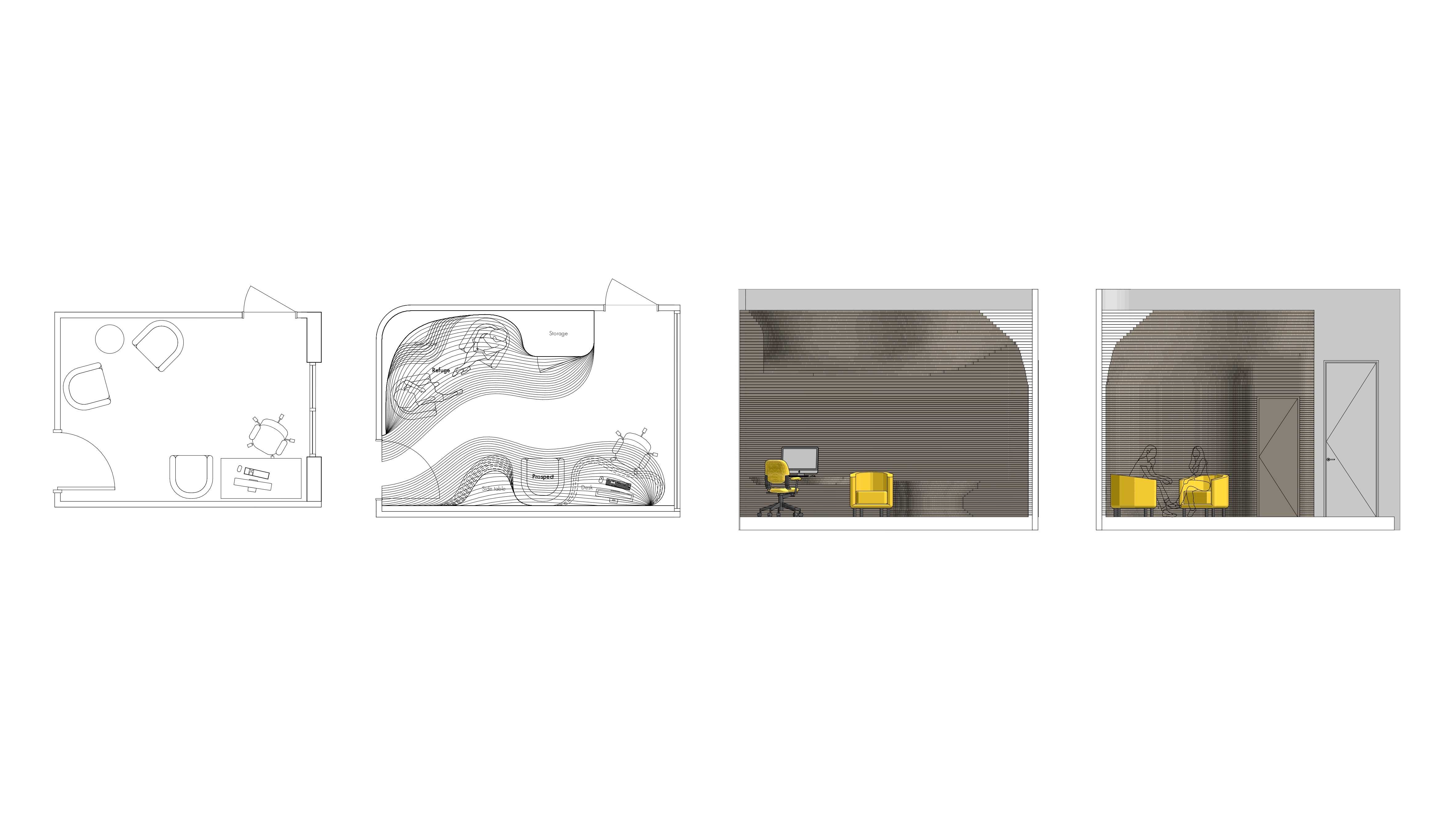 Mental health interview room as per the AusHFG (far left) vs. proposed interview room plan & elevations showing layered expanded cork interior