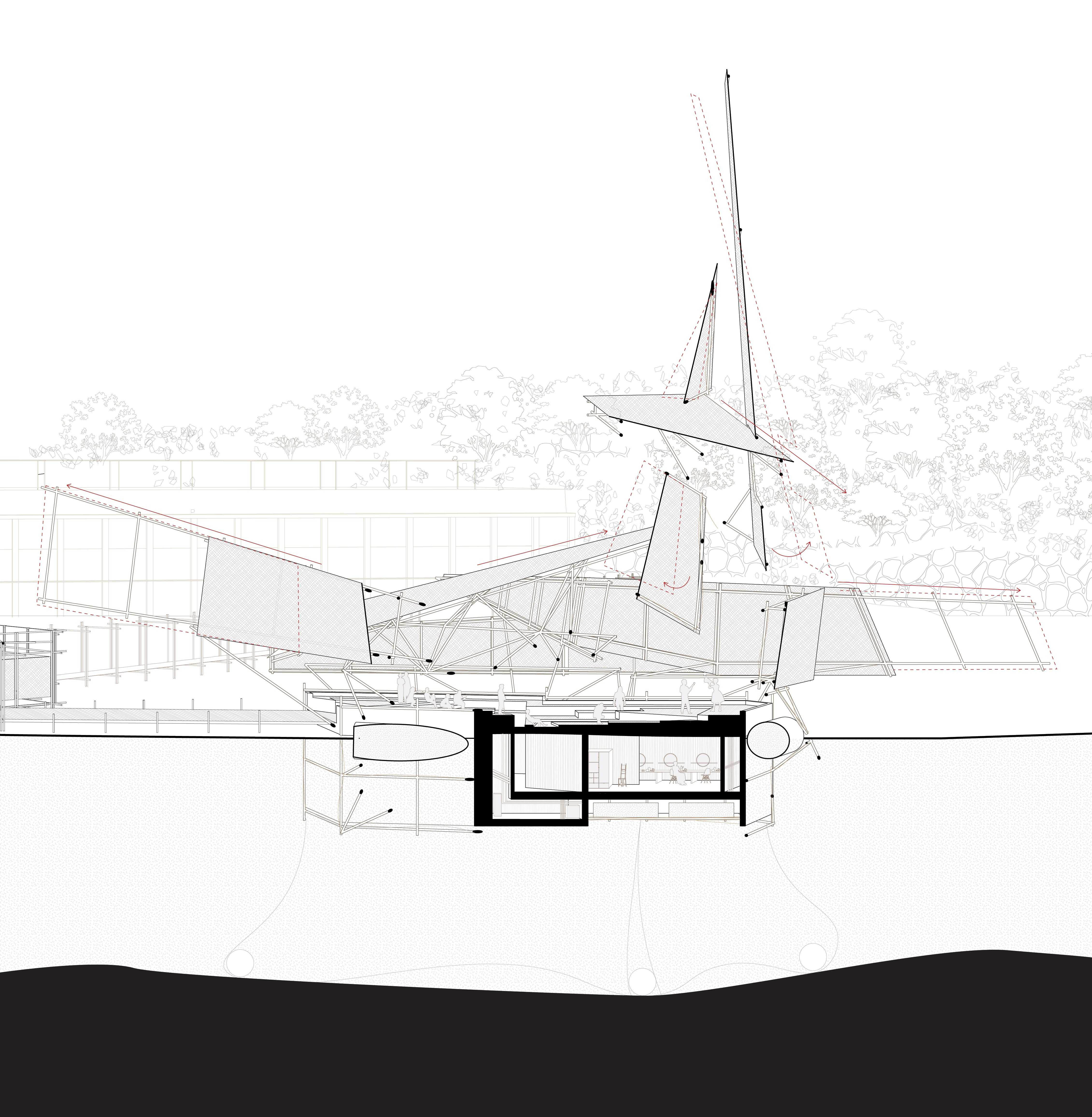 Sectional perspective of the theatre, highlighting the mechanical structure
