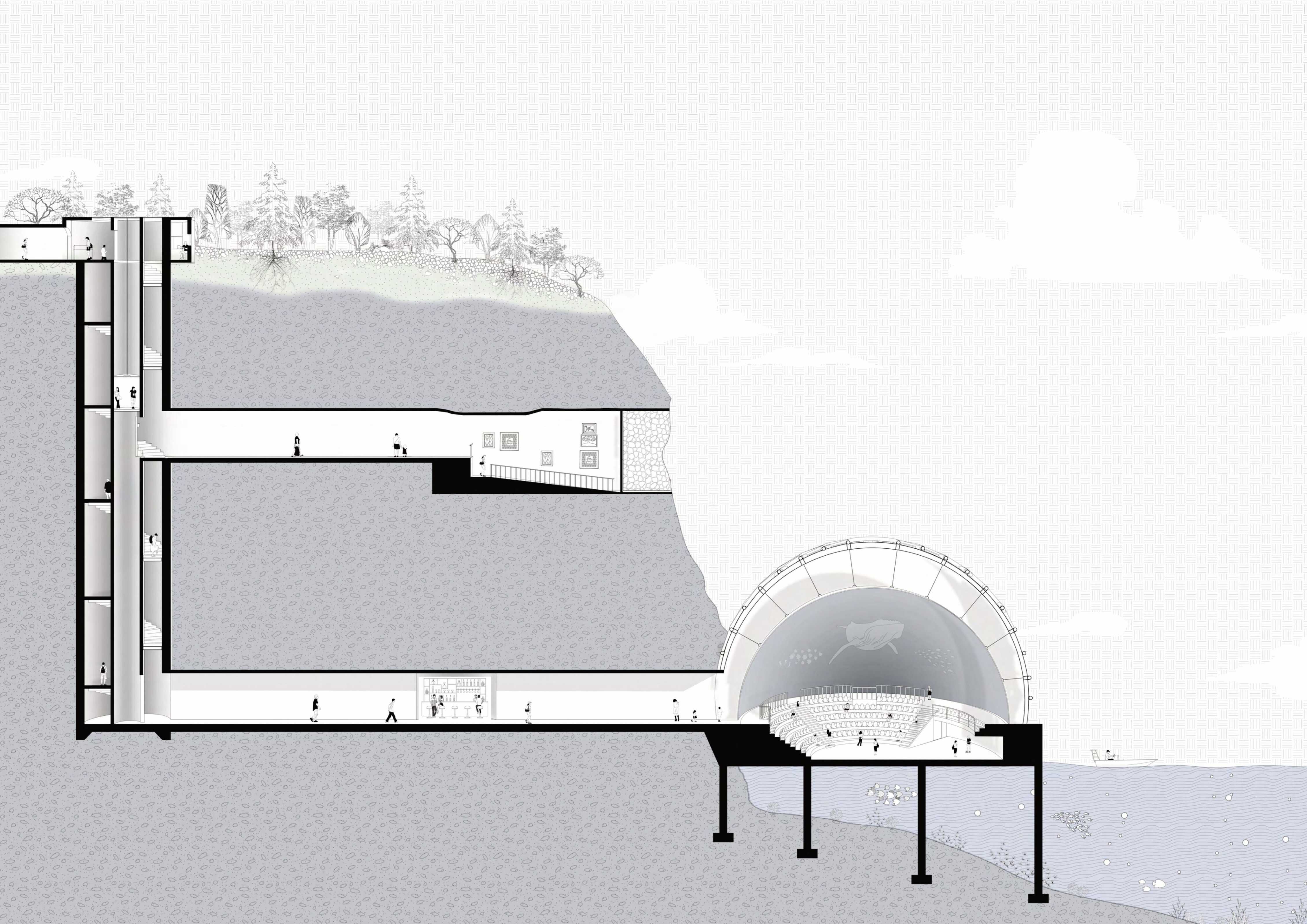 The sectional perspective provides an idea of how the visitors can arrive to different spaces through showing the circulation pathways.