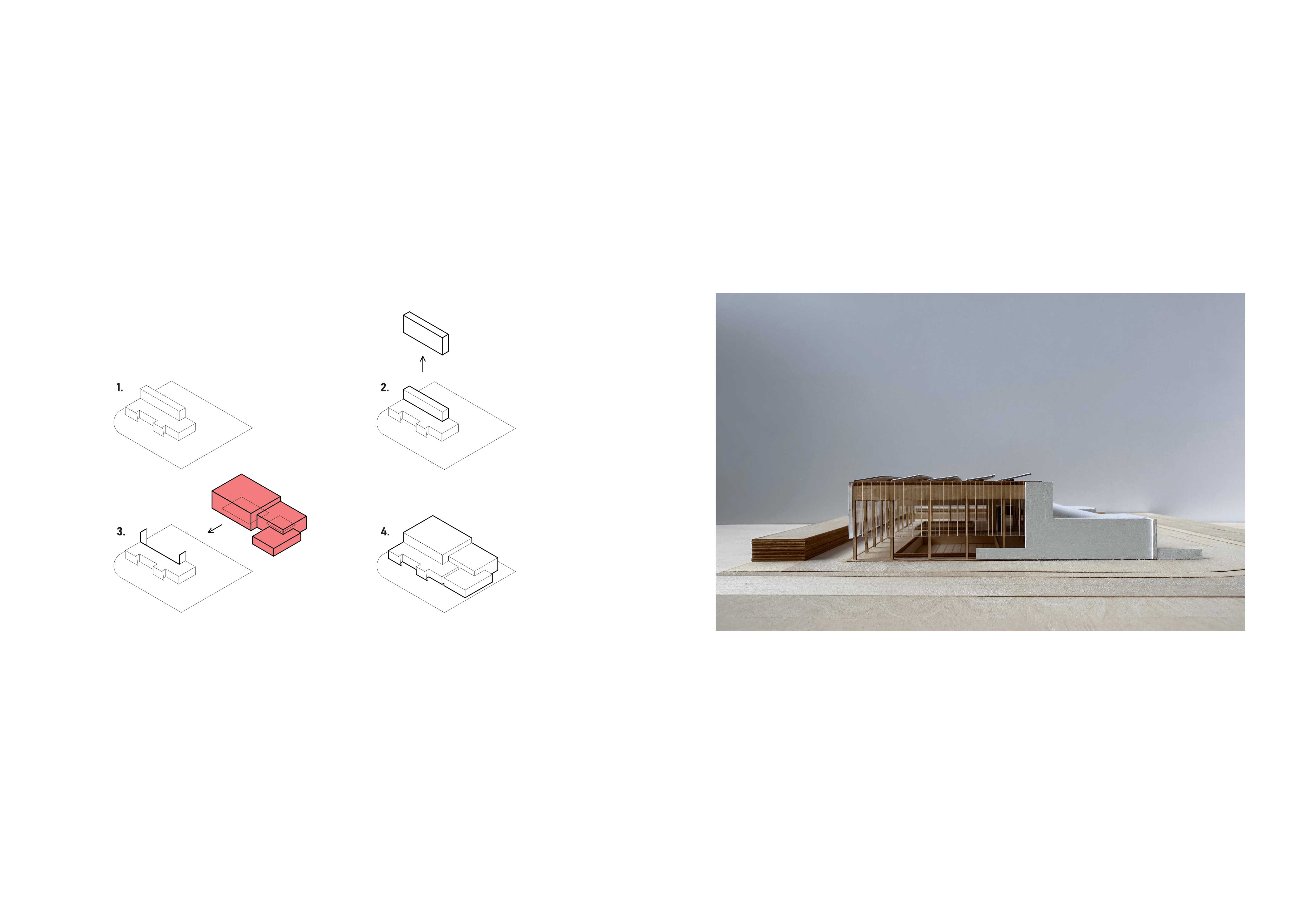 The existing 60 m-wide building extension is lifted to house swimming pools, enabling integration of the aquatic and museum programmes within the building’s structure.