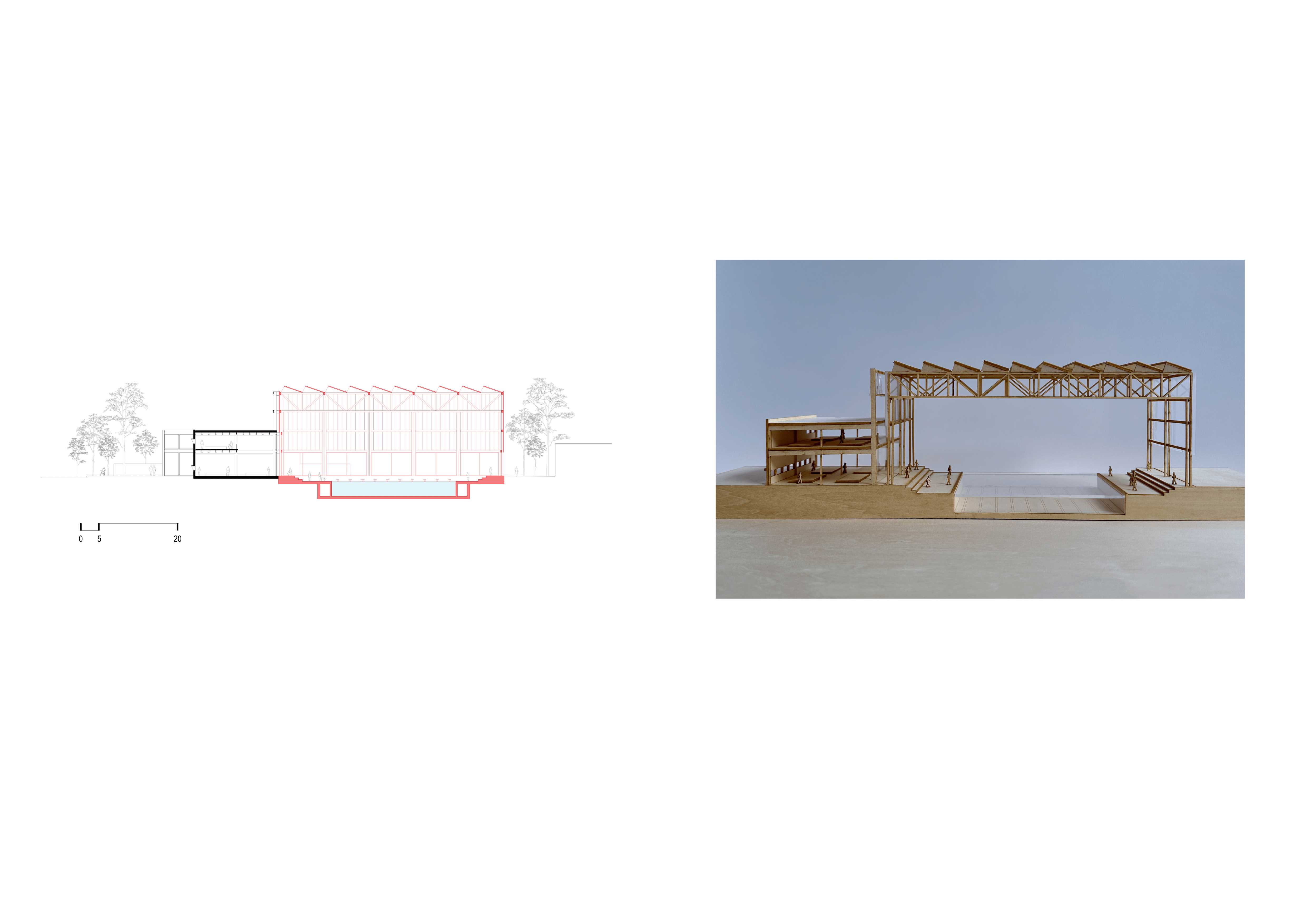 The sectional model illustrates how the new aquatic centre spatially connects to the existing building, highlighting the interaction between museum and aquatic functions.