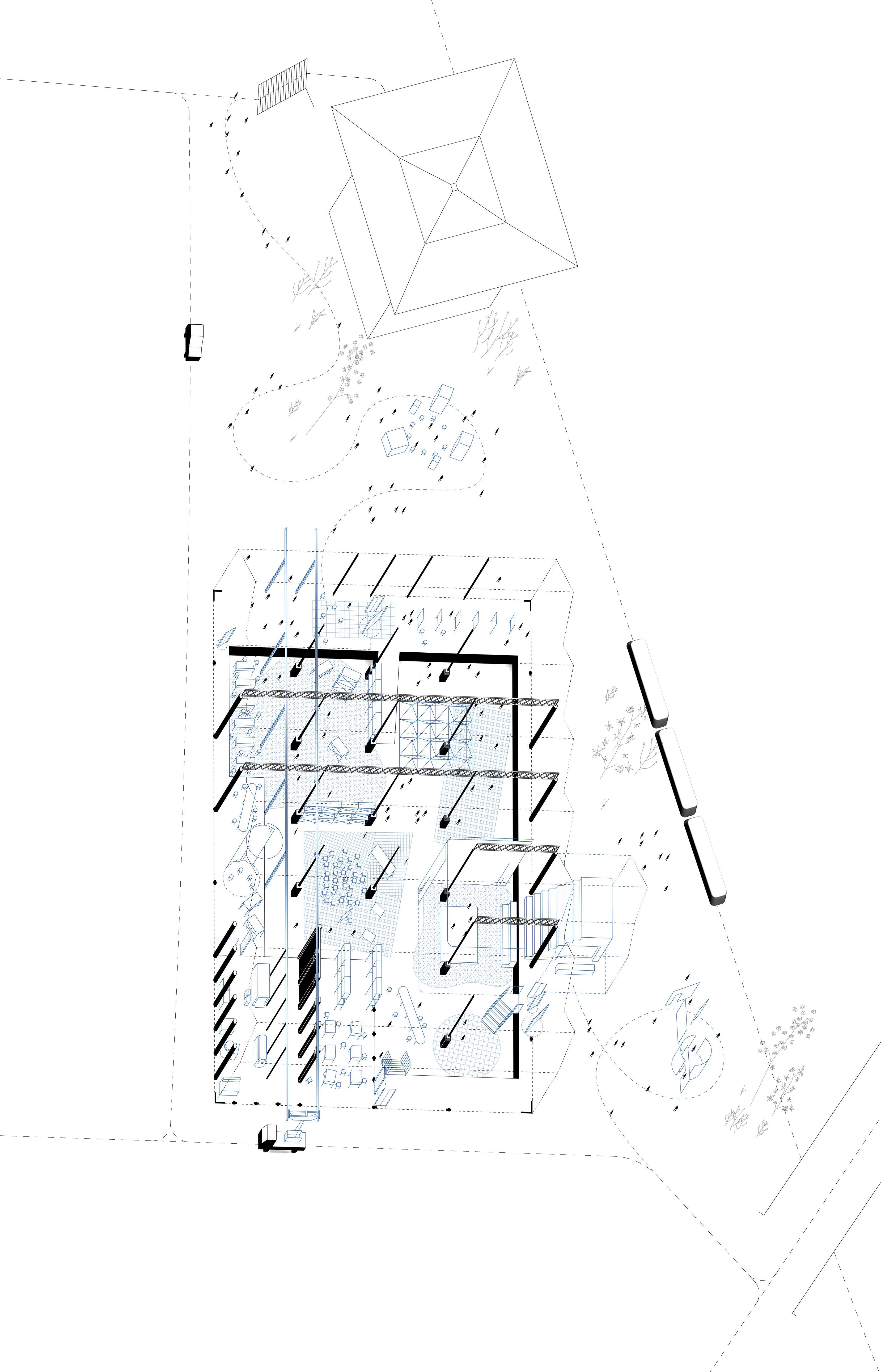 The three anchors: the heavy fabrication workshop, light fabrication workshop, and the small-scale theatre, provide the building’s focal points, while the fields between them hold a looser, more adaptable rhythm.