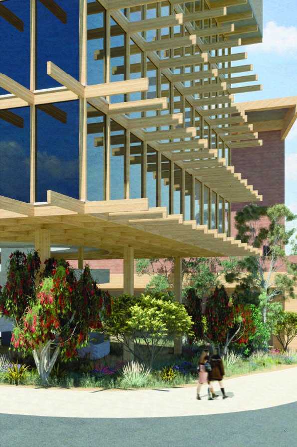 Rendered view of the Gadigal Centre of Excellence from the intersection of Bultin Avenue and Maze Crescent South, highlighting the elevated timber structure and native landscaping.