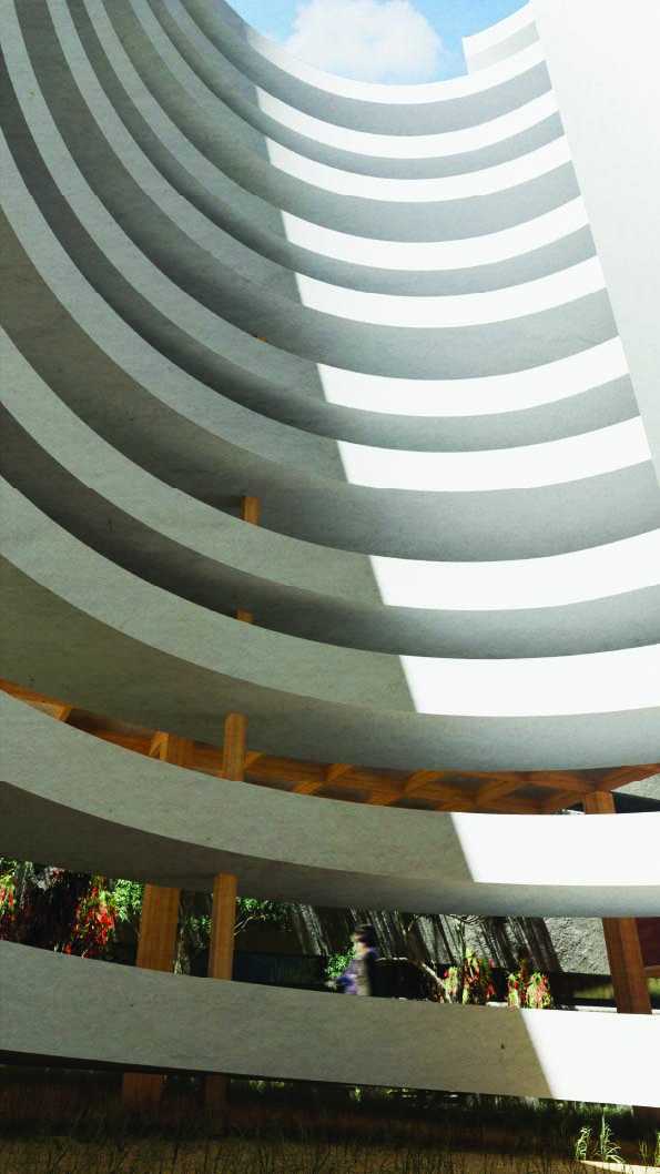 Rendered view of the continuous spiral ramp within the Place of Learning, designed to draw natural light deep into the interior.