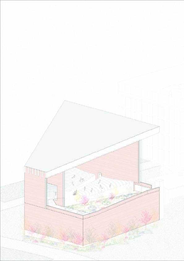 A cutaway perspective showing the crafted threshold that mediates between enclosed performance space and open rooftop garden, creating a spatial interchange where performers move from performance to rest.